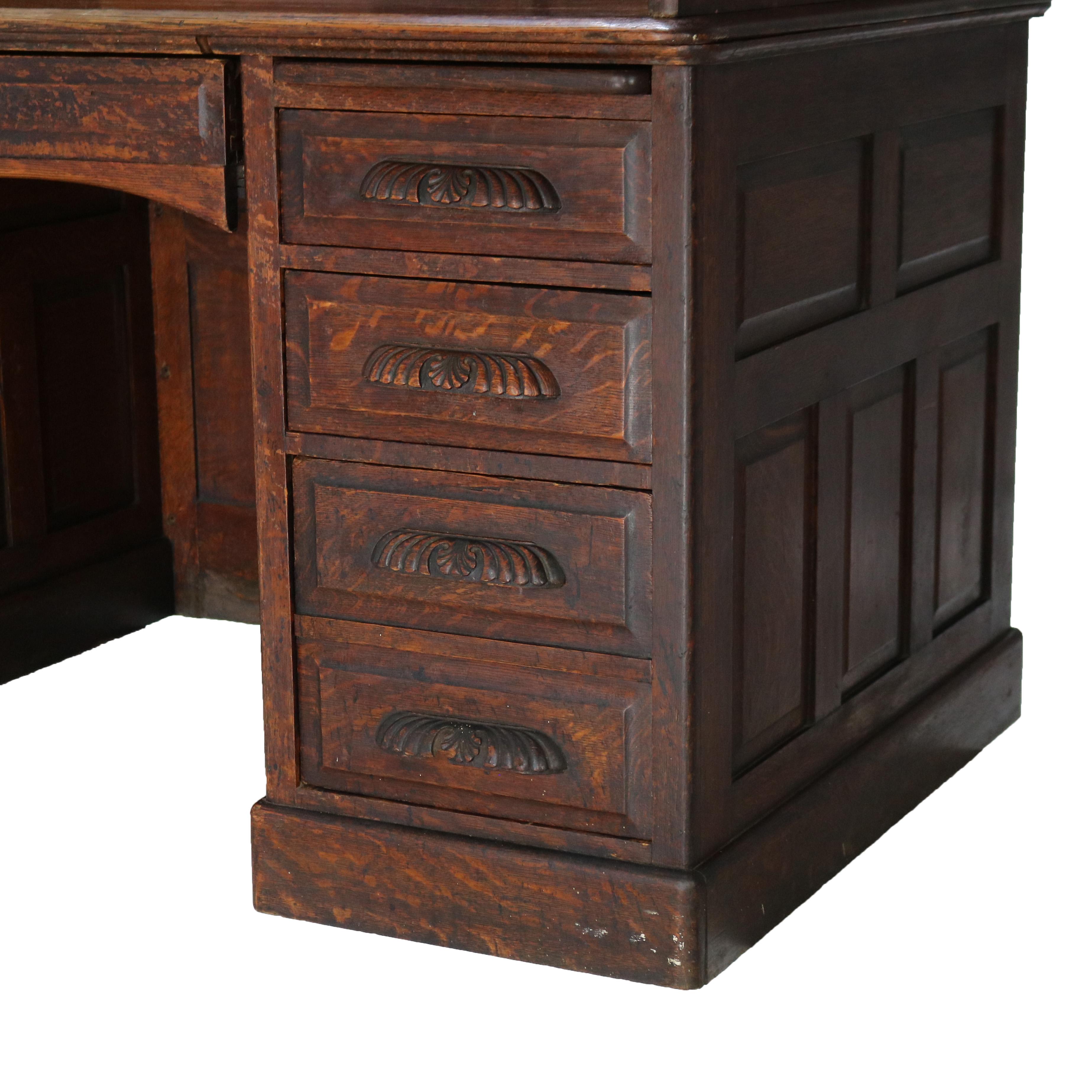 Antique 60” Oak S-Roll Top & Raised Panel Desk with 22 Interior Drawers, c1920 1