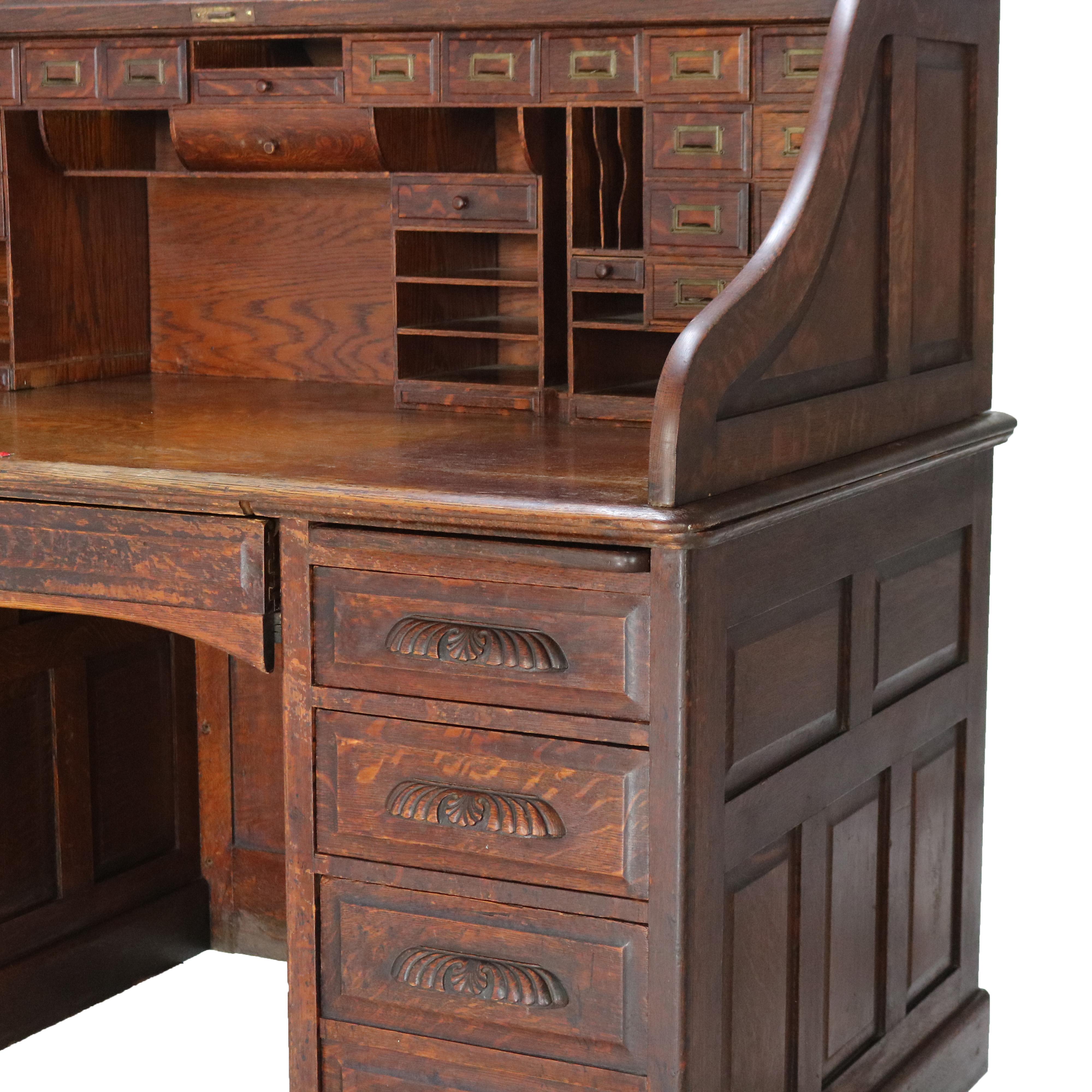 Antique 60” Oak S-Roll Top & Raised Panel Desk with 22 Interior Drawers, c1920 2