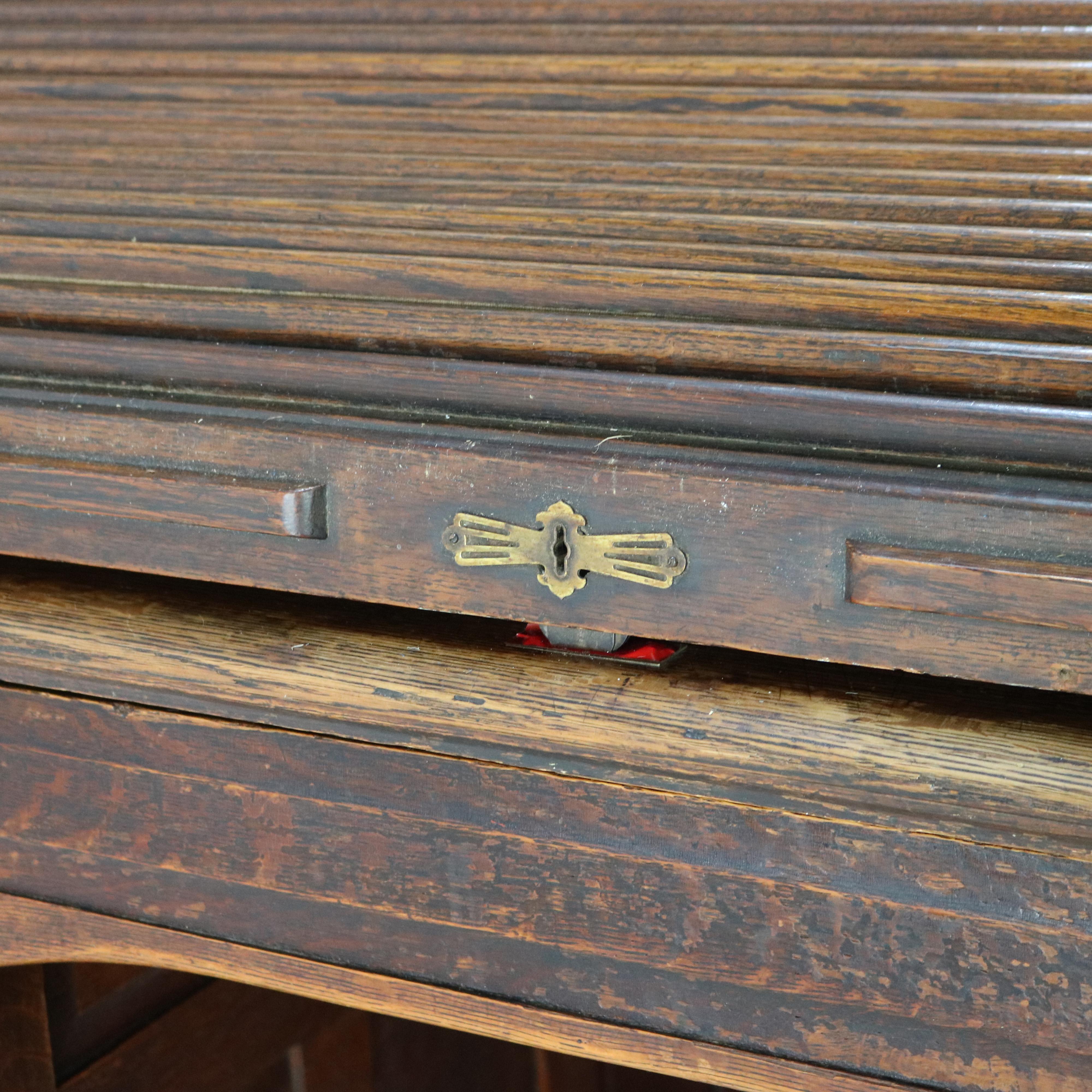 Antique 60” Oak S-Roll Top & Raised Panel Desk with 22 Interior Drawers, c1920 4
