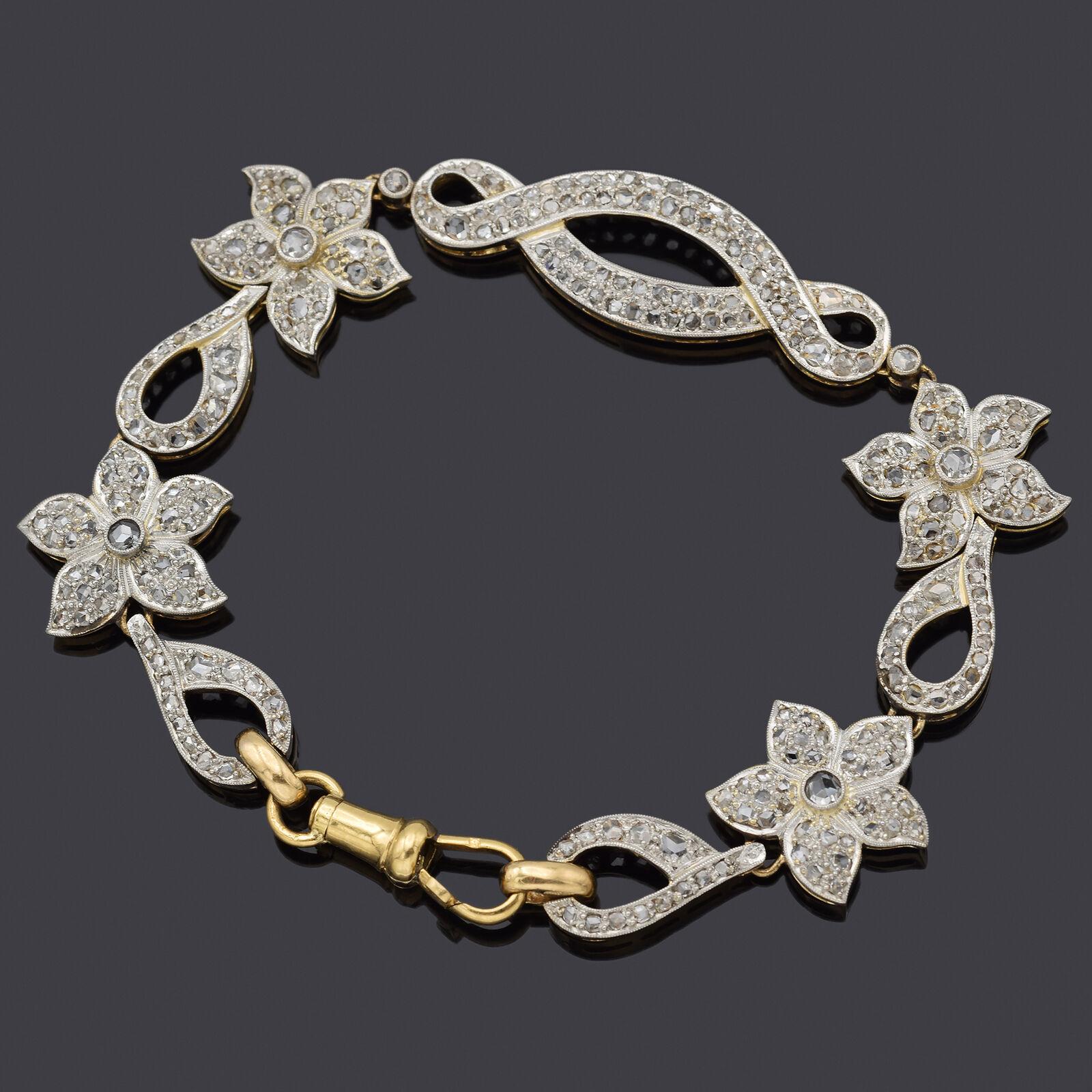 Antique 6.00 TCW Rose Cut Diamond Yellow Gold & Platinum Floral Bracelet In Good Condition For Sale In New York, NY