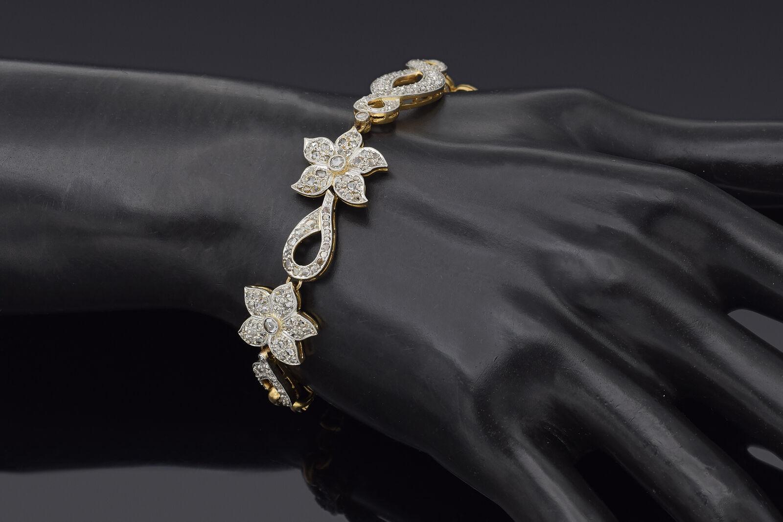 Women's Antique 6.00 TCW Rose Cut Diamond Yellow Gold & Platinum Floral Bracelet For Sale