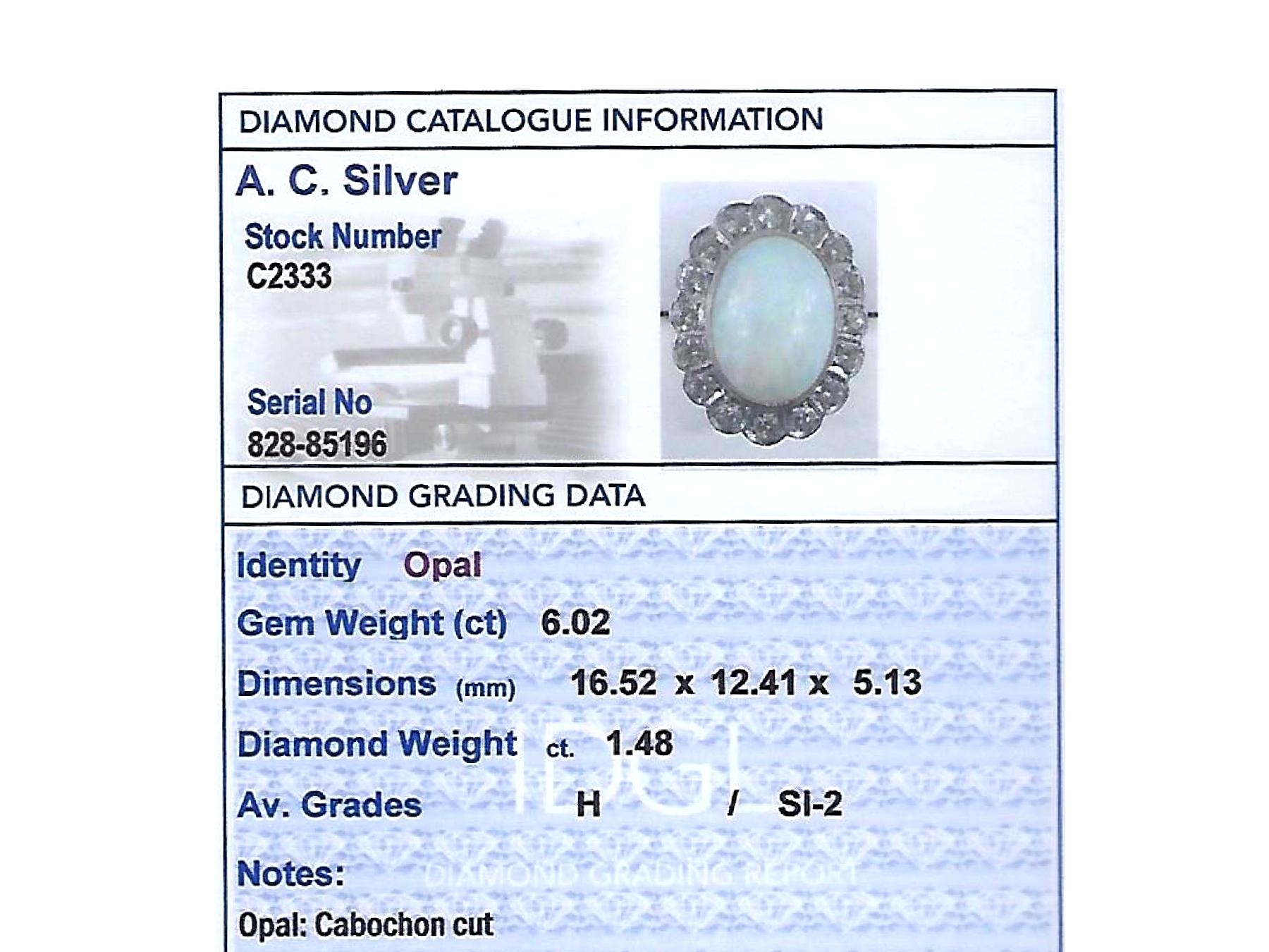 Antique 6.02 Carat Opal and 1.48 Carat Diamond Platinum Cluster Ring Circa 1925 1