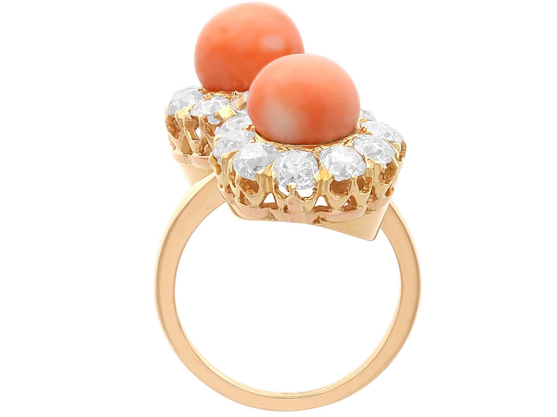 Bead Antique 6.06 Carat Coral and 2.86 Carat Diamond Rose Gold Cocktail Ring For Sale