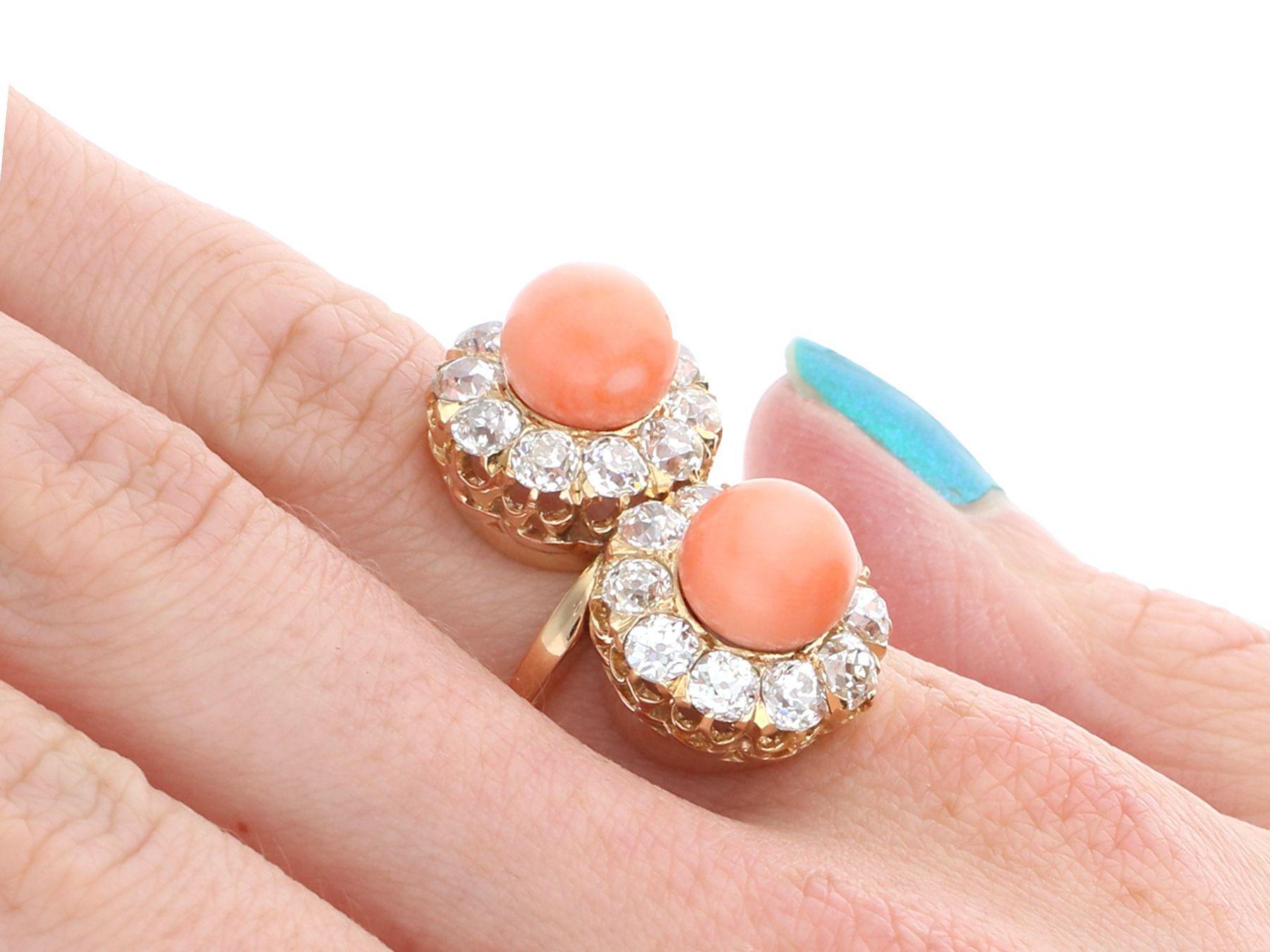Women's or Men's Antique 6.06 Carat Coral and 2.86 Carat Diamond Rose Gold Cocktail Ring For Sale