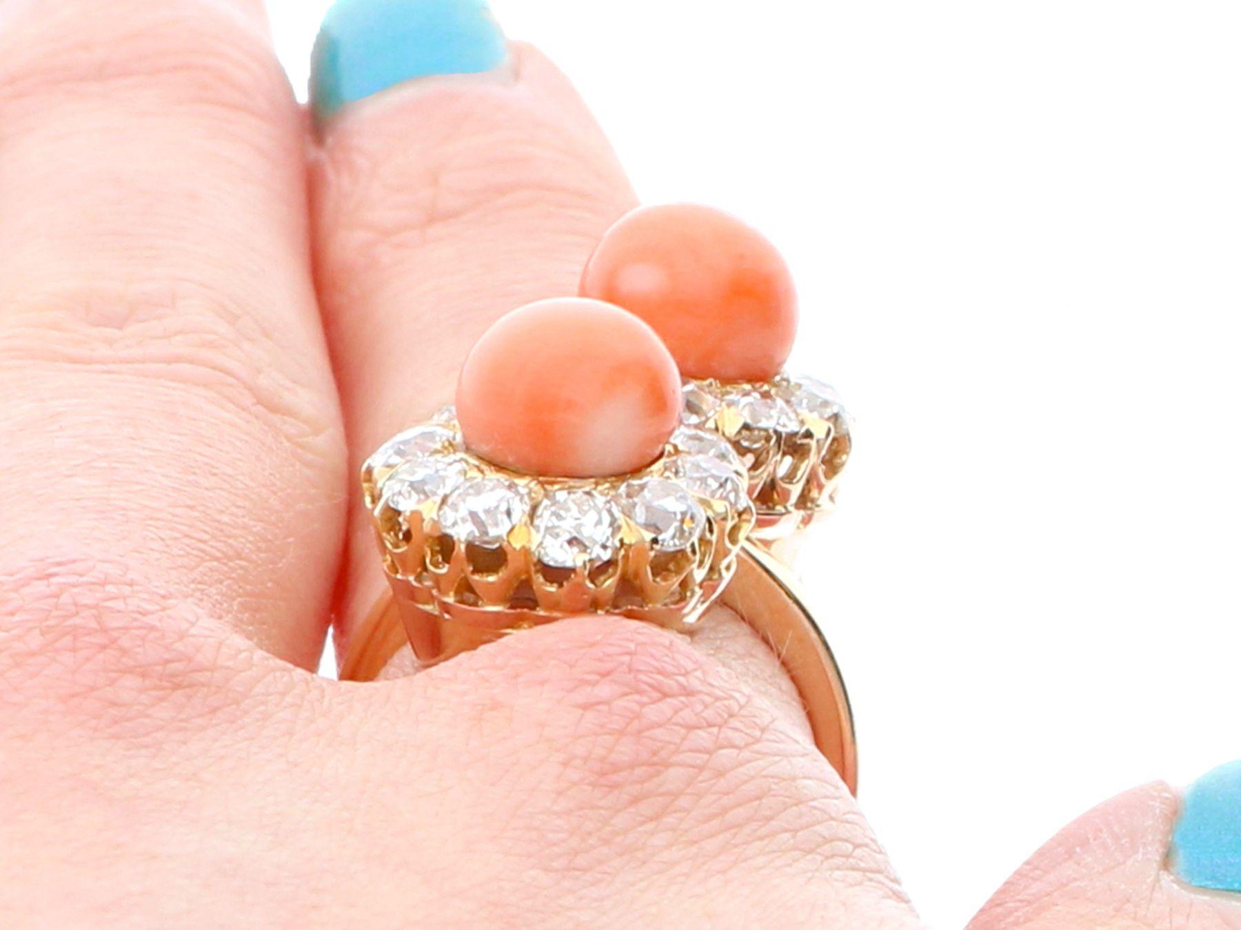 Antique 6.06 Carat Coral and 2.86 Carat Diamond Rose Gold Cocktail Ring For Sale 1