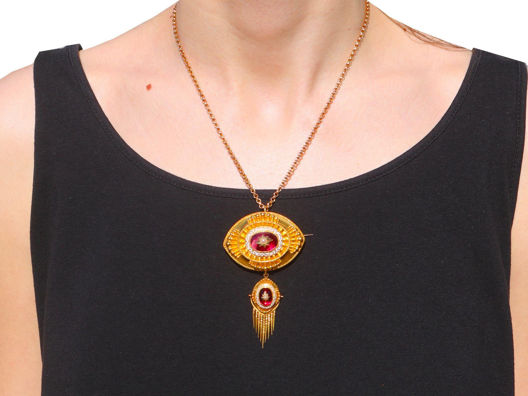 Antique 6.20 Carat Garnet Pearl and Enamel Yellow Gold Pendant / Brooch For Sale 8