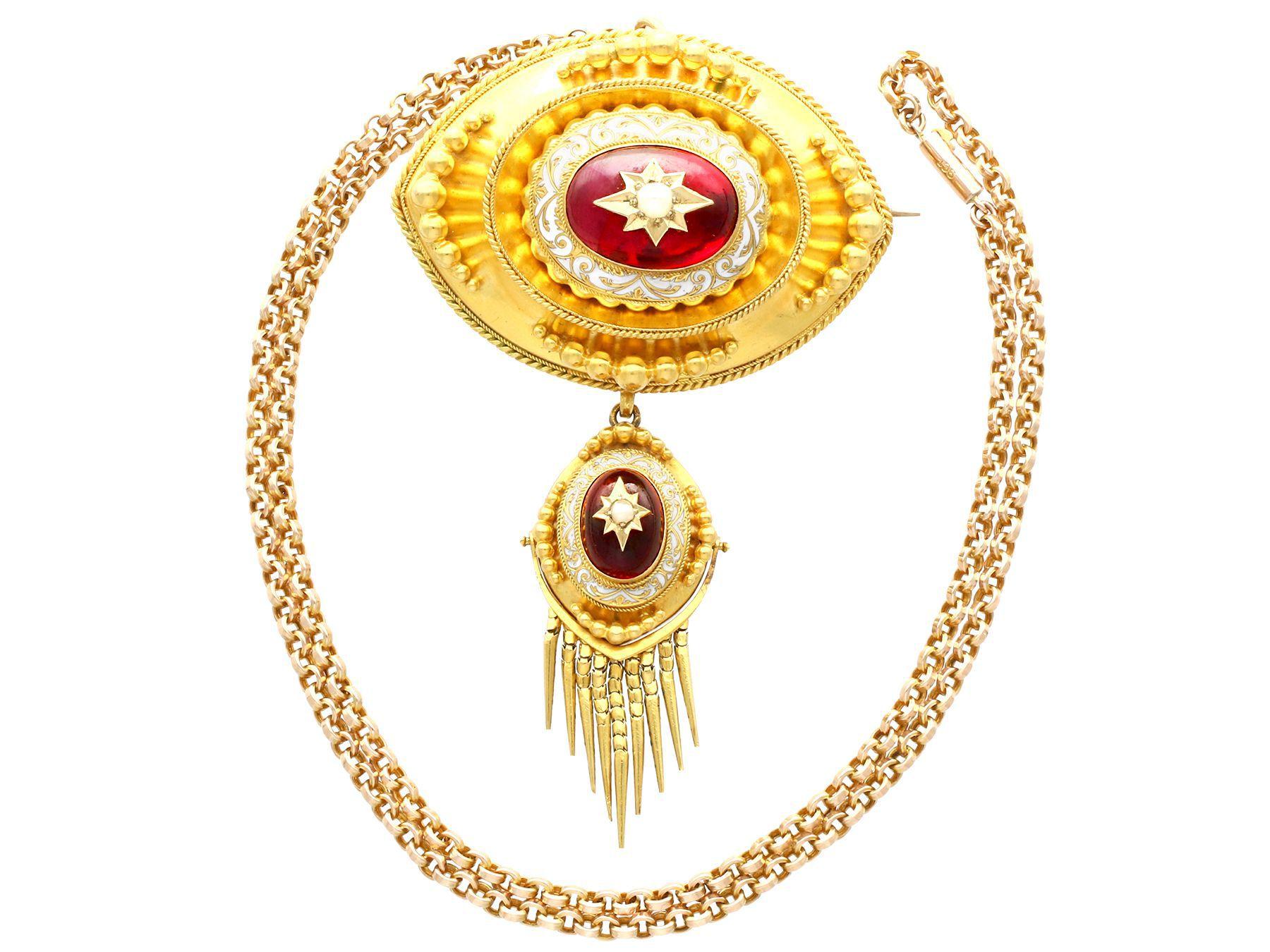 Cabochon Antique 6.20 Carat Garnet Pearl and Enamel Yellow Gold Pendant / Brooch For Sale