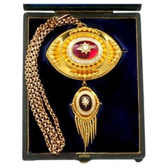 Antique 6.20 Carat Garnet Pearl and Enamel Yellow Gold Pendant / Brooch