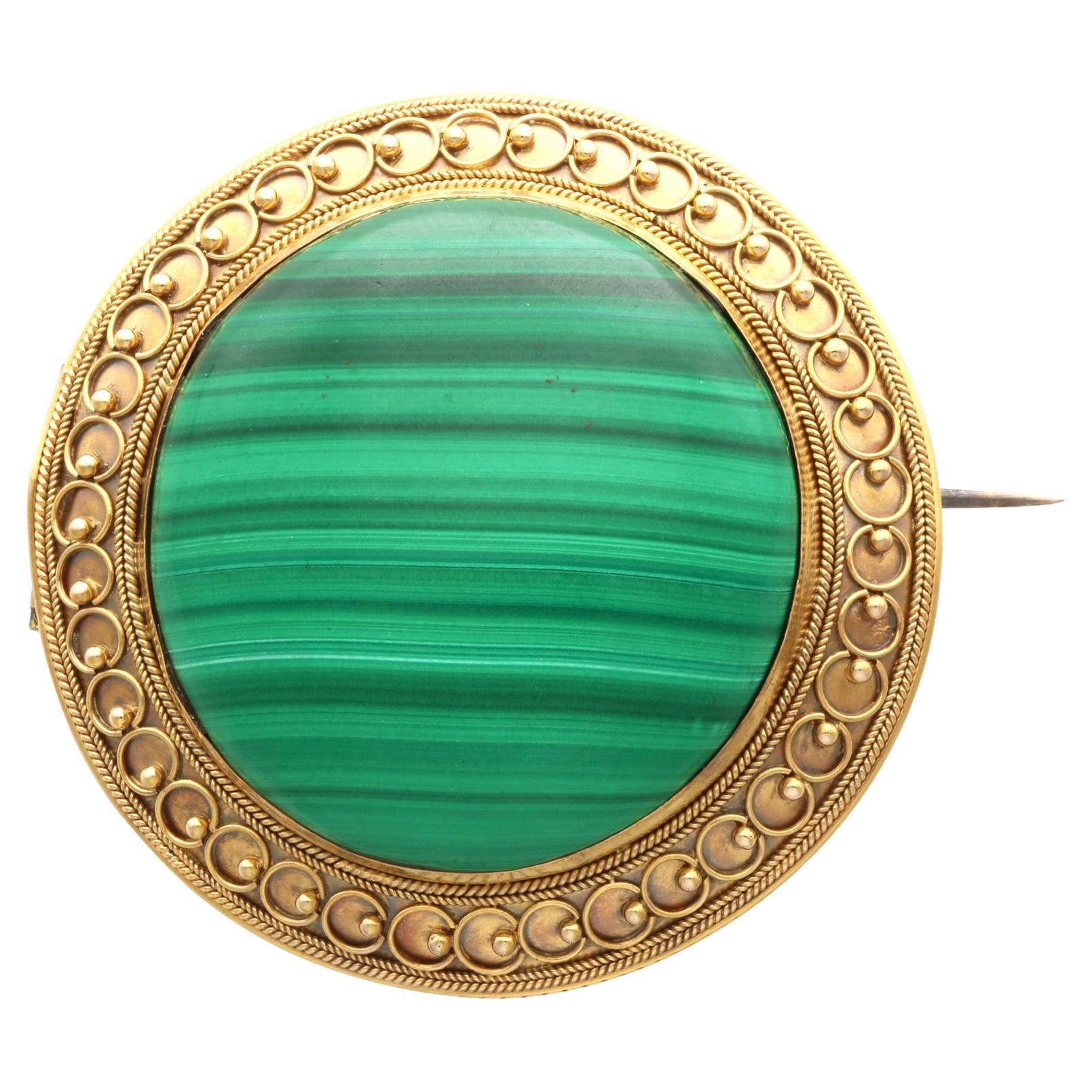 Antique 63.20 Carat Malachite and 18k Yellow Gold Brooch Circa 1890