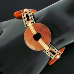 Bracciale antico in oro 14k con disco di agata arancione e smalto arancione e verde A Link