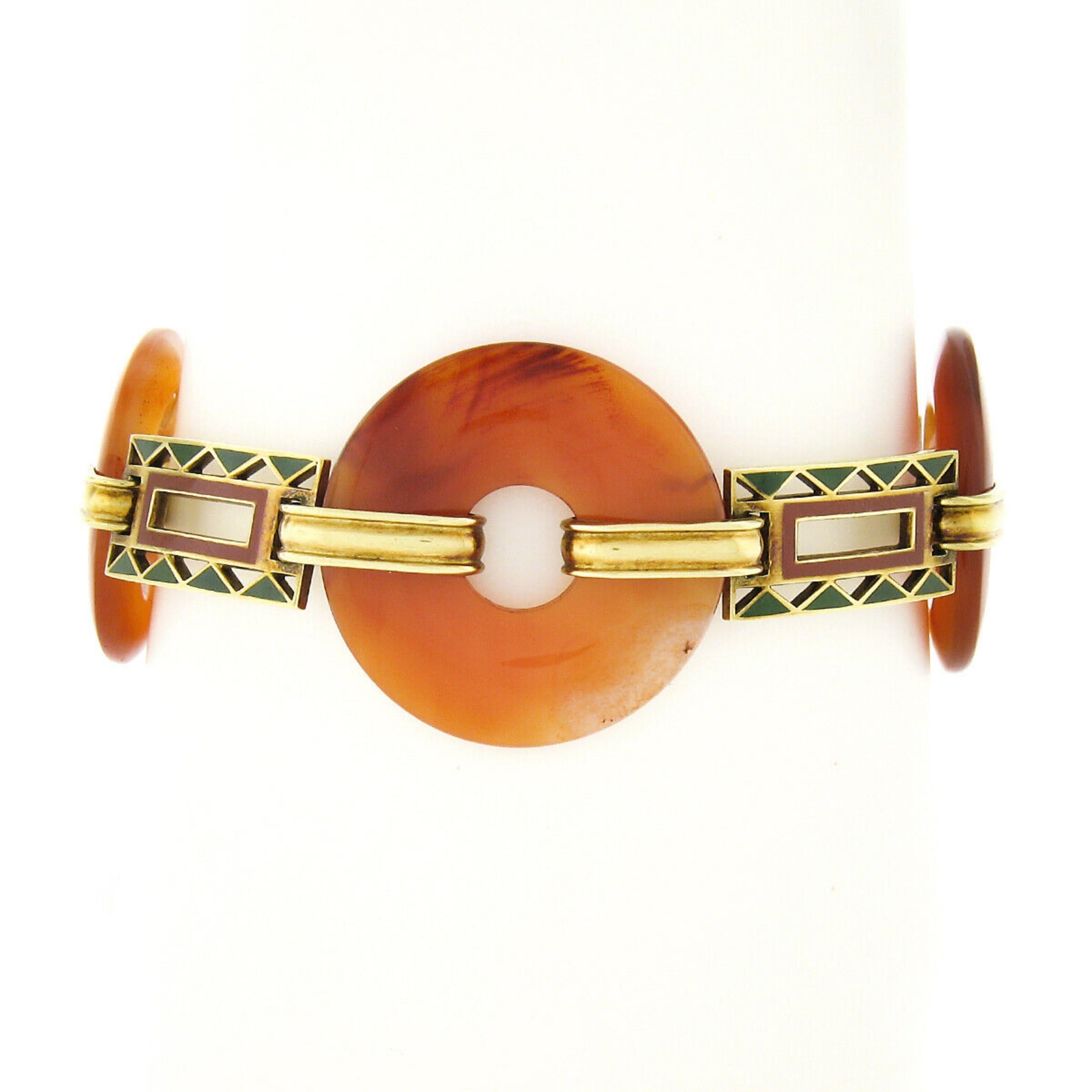 Cabochon Antique 14k Gold Orange Agate Disk w/ Orange & Green Enamel Link Bracelet For Sale