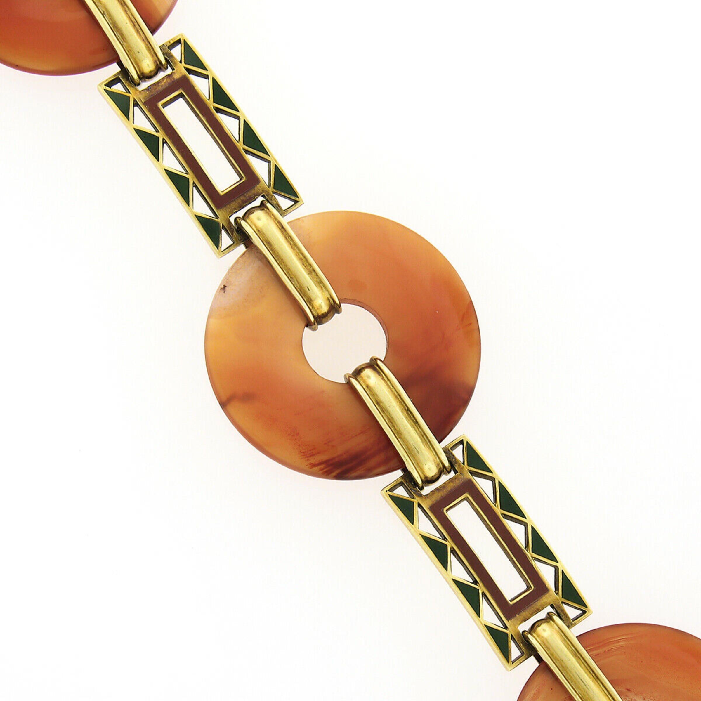 Women's Antique 14k Gold Orange Agate Disk w/ Orange & Green Enamel Link Bracelet For Sale
