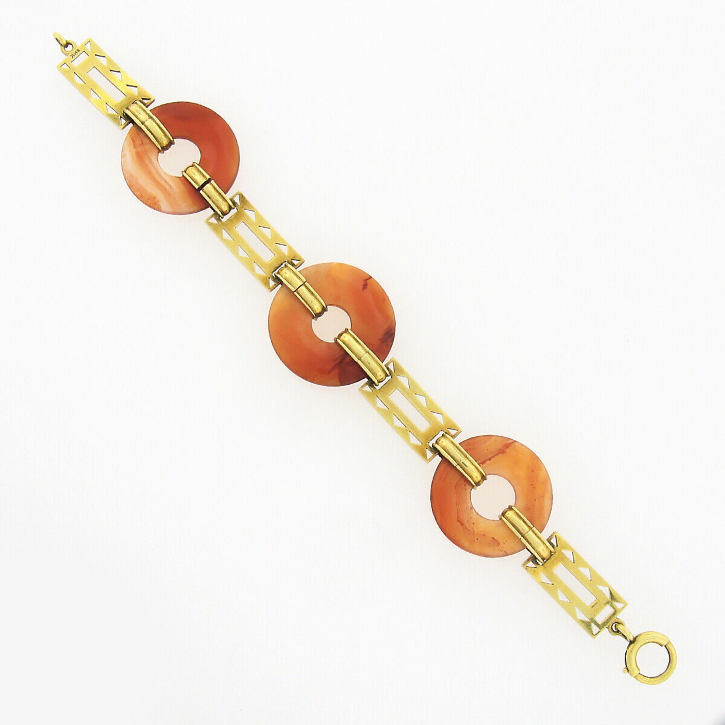 Antike antike 14k Gold Orange Achatscheibe mit orangefarbener & grüner Emaille Gliederarmband im Angebot 1
