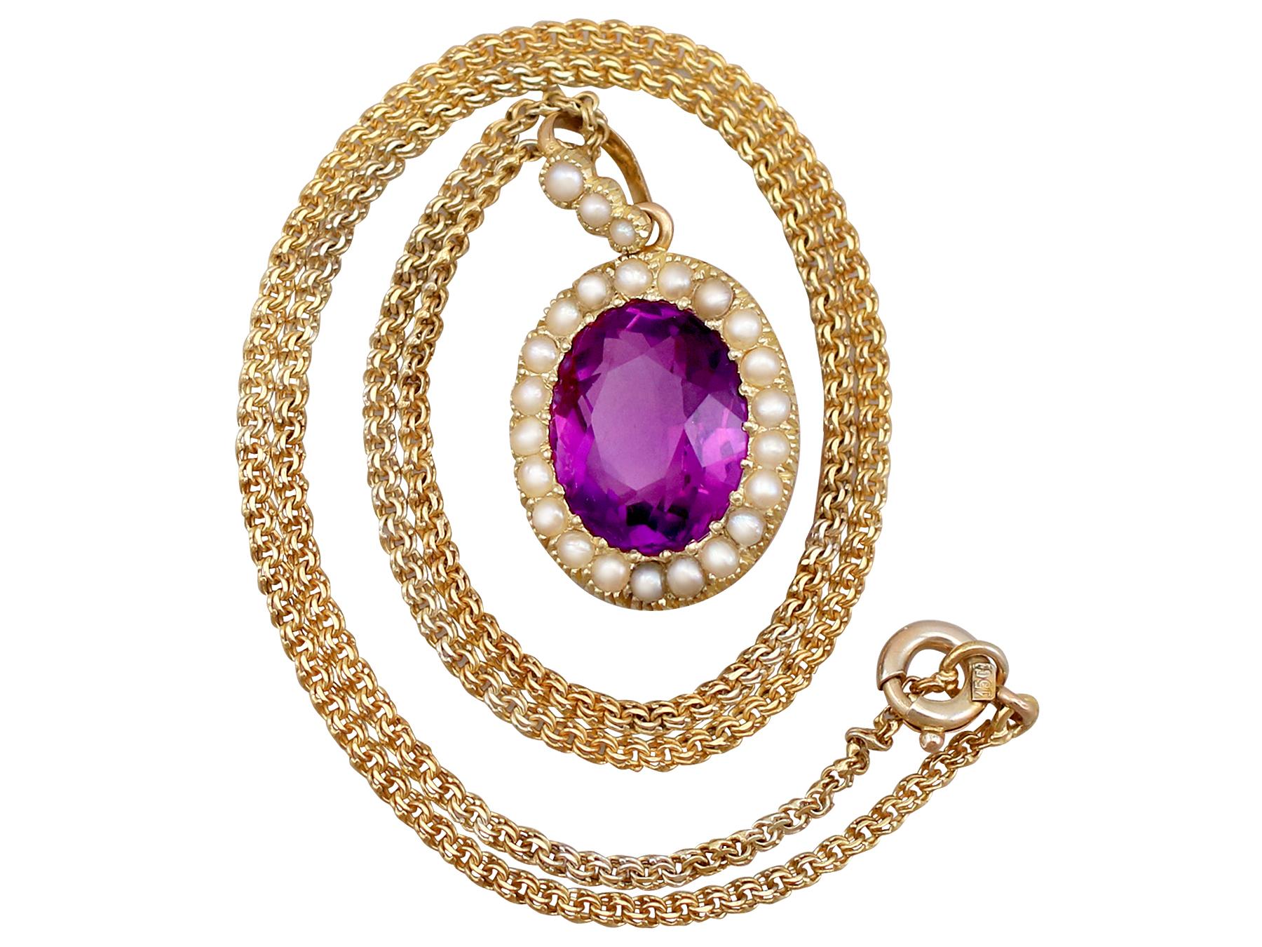 An impressive antique 6.56 carat amethyst and seed pearl, 15k yellow gold pendant with 18k yellow gold chain; part of our antique jewelry collections.

This fine and impressive antique amethyst pendant has been crafted in 15k yellow gold, with an