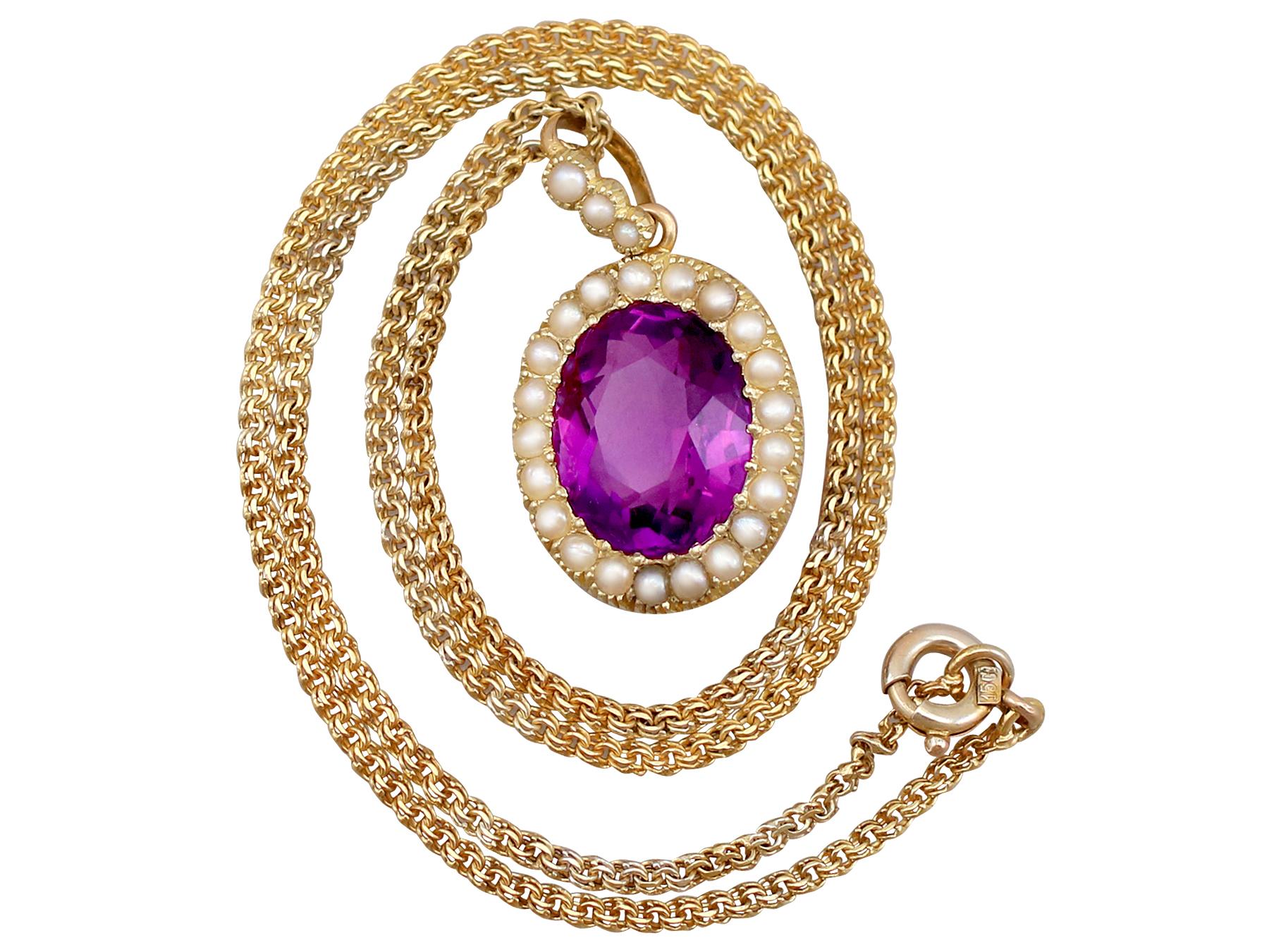 An impressive antique 6.56 carat amethyst and seed pearl, 15k yellow gold pendant with 18k yellow gold chain; part of our antique jewellery collections.

This fine and impressive antique amethyst pendant has been crafted in 15k yellow gold, with an