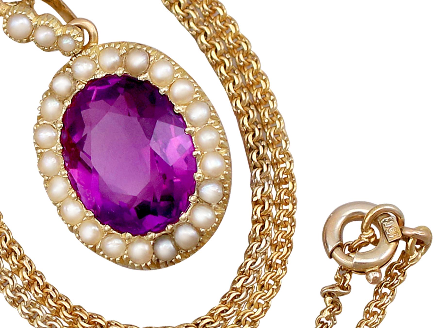 Oval Cut Antique 6.56 Carat Amethyst and Pearl Yellow Gold Pendant