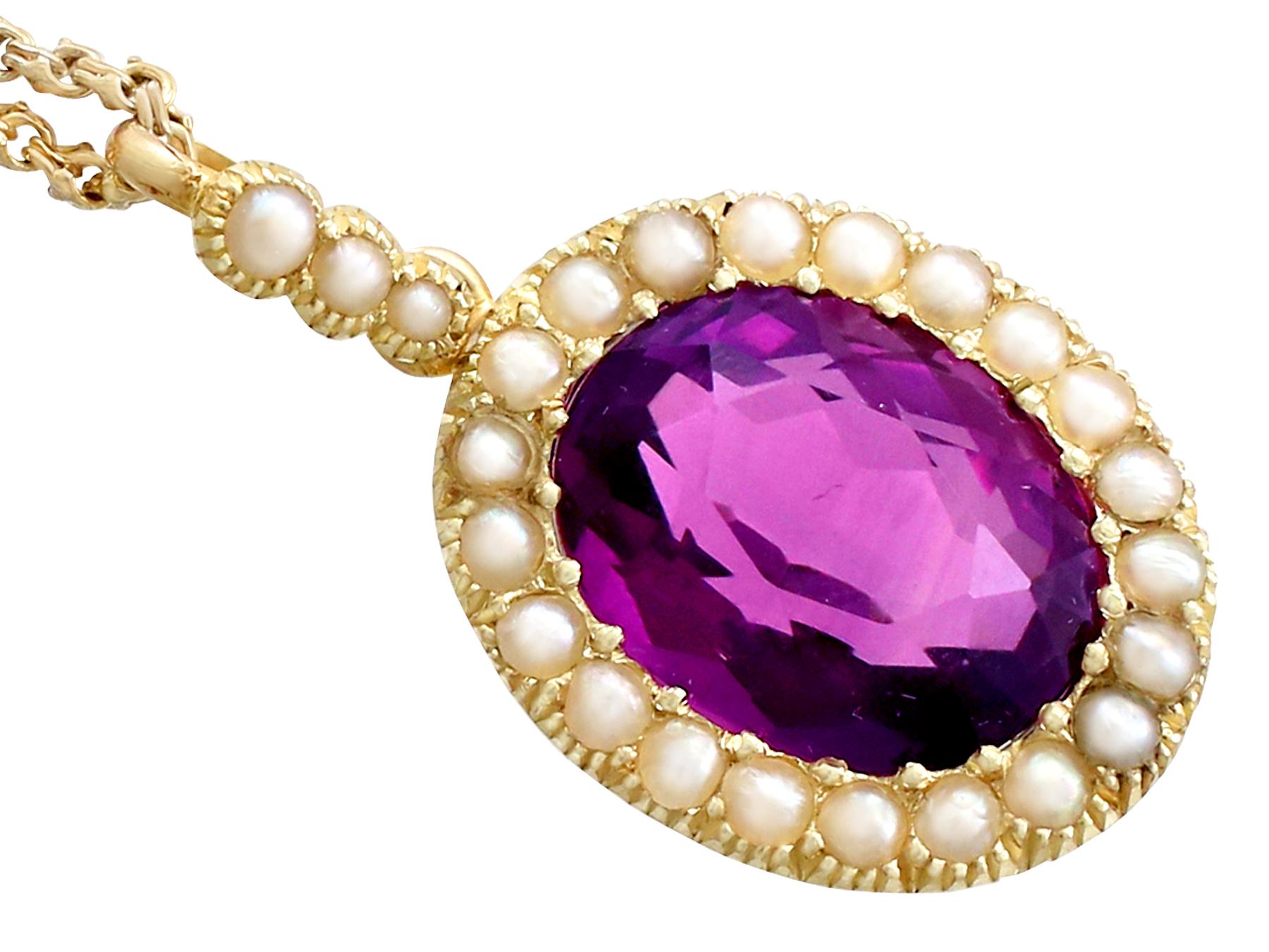Oval Cut Antique 6.56 Carat Amethyst and Pearl Yellow Gold Pendant For Sale