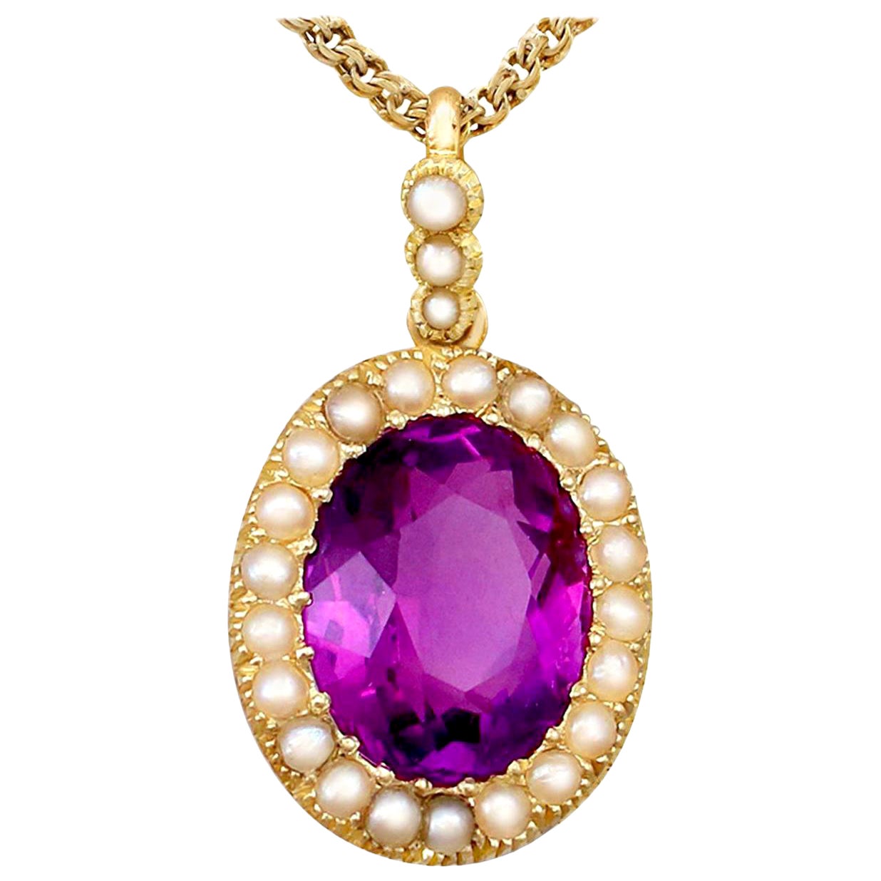 Antiker 6.56 Karat Amethyst und Perle Gelbgold-Anhänger