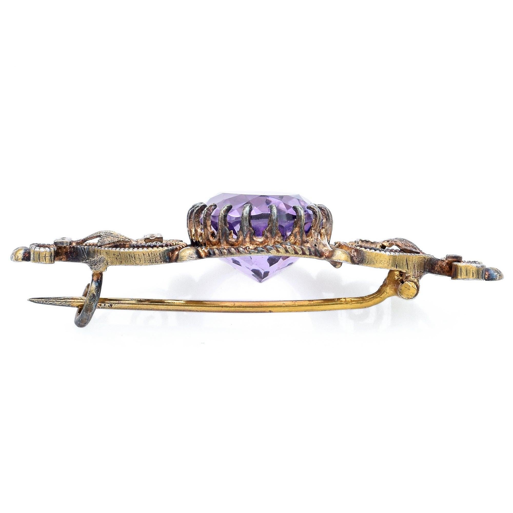 Antique 6.65ct Oval Amethyst Silver Bar Brooch Pin In Good Condition For Sale In New York, NY