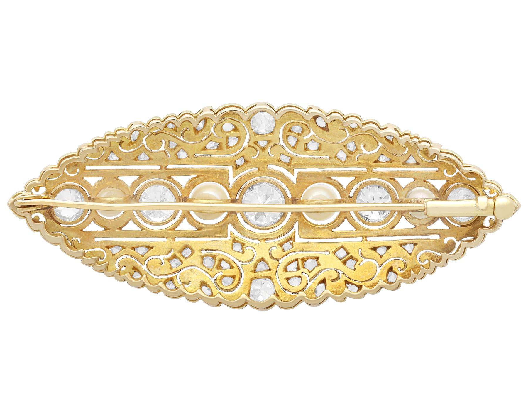 Women's or Men's Antique 6.73 Carat Diamond and Pearl Yellow Gold Brooch Circa 1890 For Sale