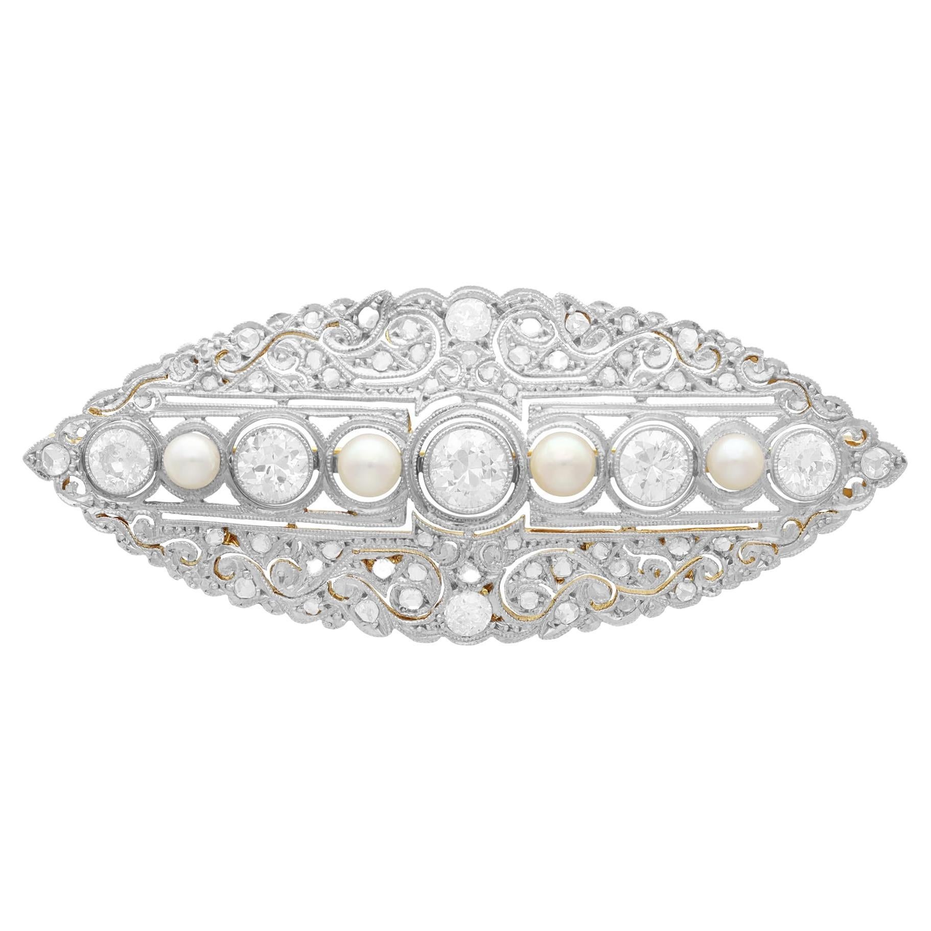 Antique 6.73 Carat Diamond and Pearl Yellow Gold Brooch Circa 1890 For Sale