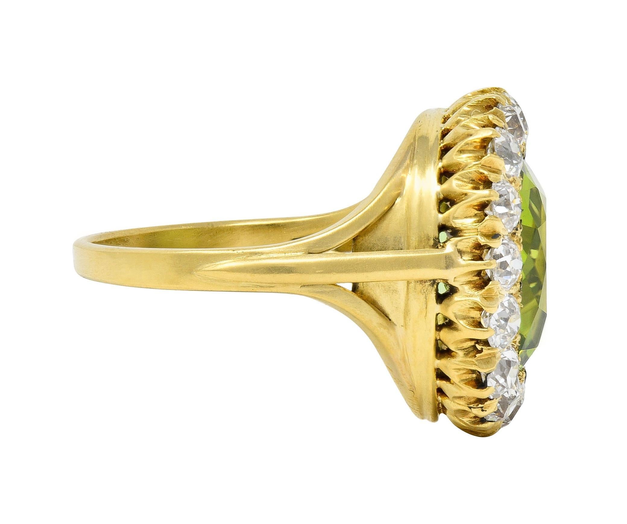 Antique 6.78 CTW Peridot Diamond 18 Karat Yellow Gold Halo Ring In Excellent Condition In Philadelphia, PA