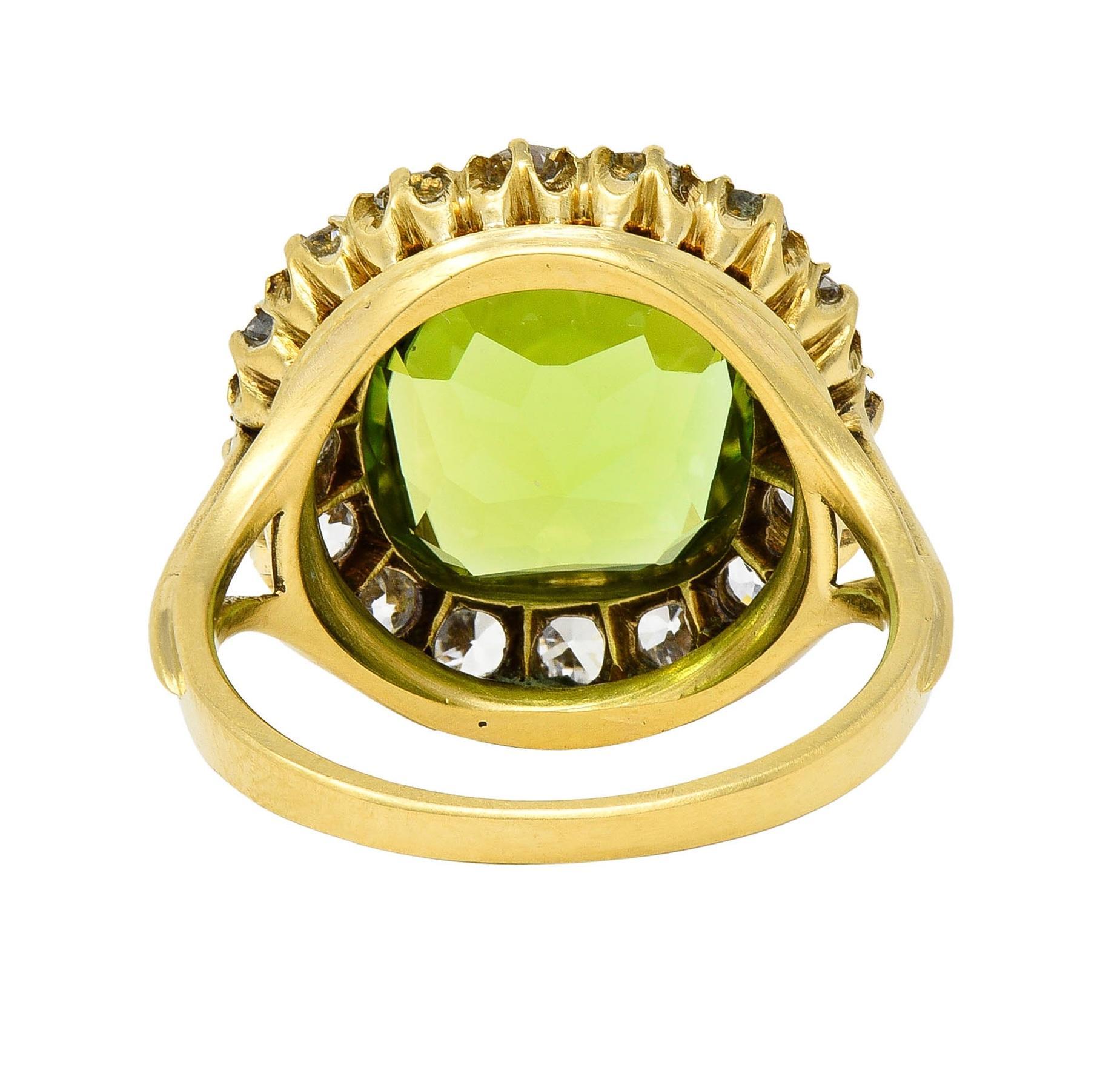 Women's or Men's Antique 6.78 CTW Peridot Diamond 18 Karat Yellow Gold Halo Ring