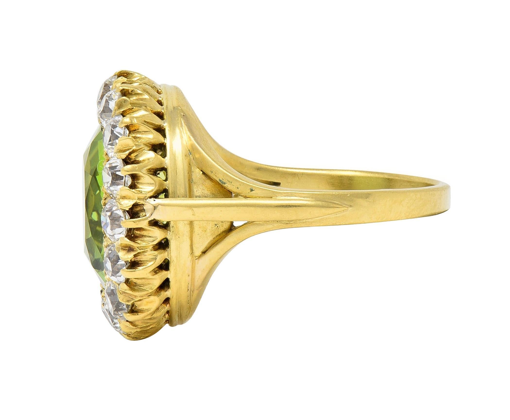 Antique 6.78 CTW Peridot Diamond 18 Karat Yellow Gold Halo Ring 1