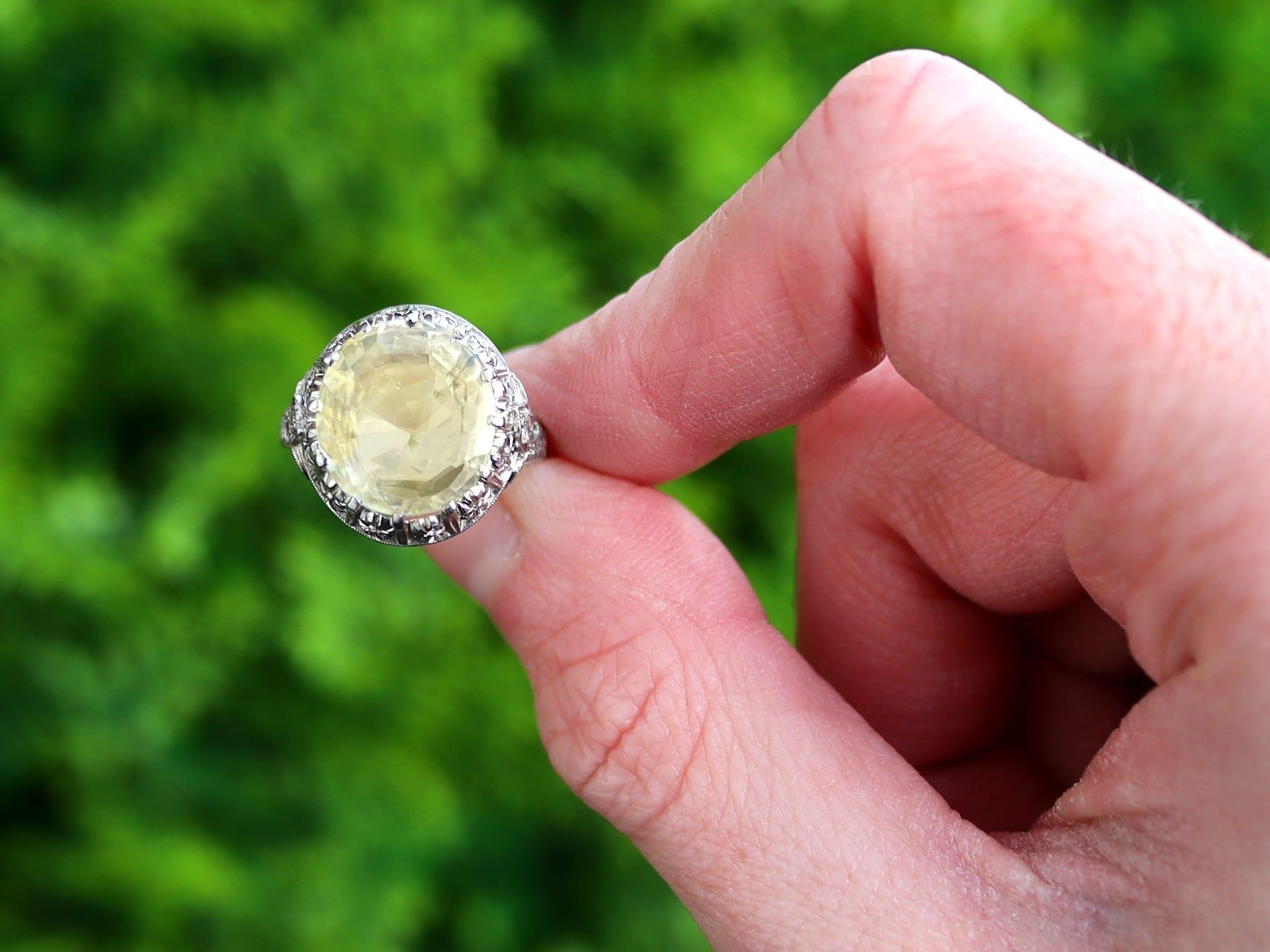 A stunning, fine and impressive, rare antique 6.81 carat yellow sapphire and 0.08 carat diamond, platinum dress ring; part of our diverse antique jewelry and estate jewelry collections.

This stunning, fine and impressive antique yellow sapphire and