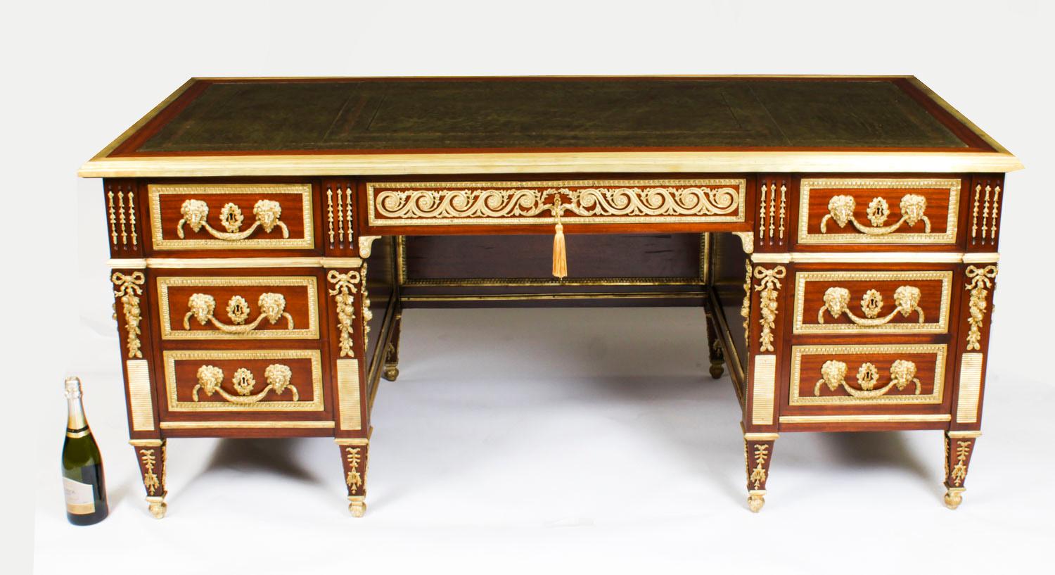 Antique 6ft/184cm Ormolu Mounted French Empire Revival Pedestal Desk 1920s For Sale 15