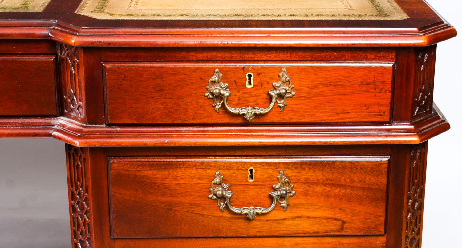 Antique Mahogany Chippendale Revival Partners Pedestal Desk, 1920s 6