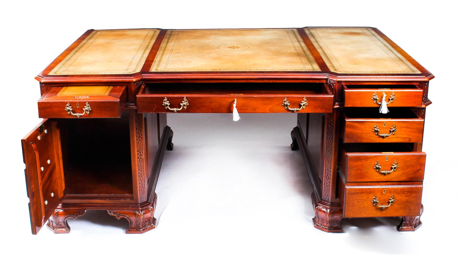 Antique Mahogany Chippendale Revival Partners Pedestal Desk, 1920s 8