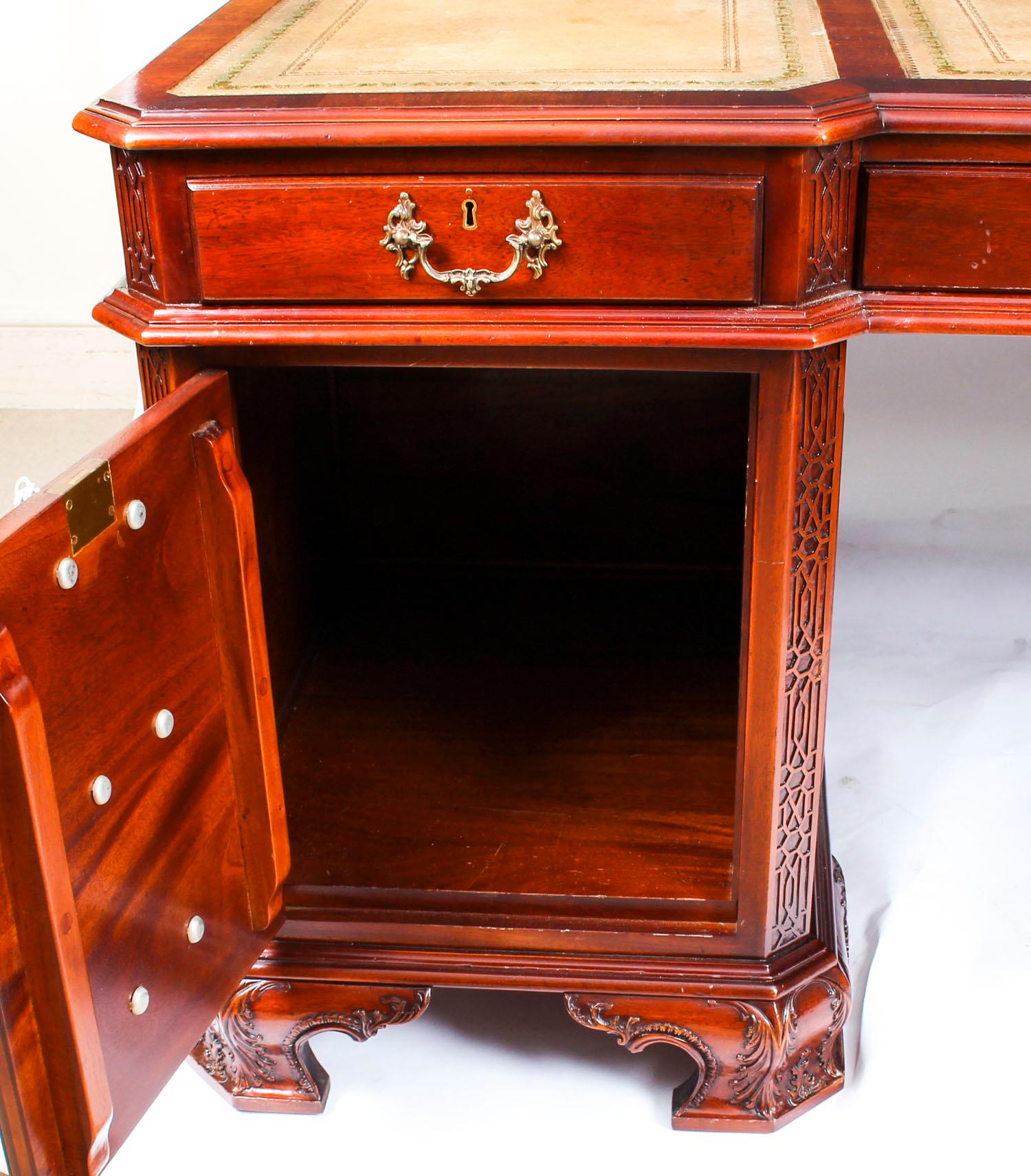 Antique Mahogany Chippendale Revival Partners Pedestal Desk, 1920s 9