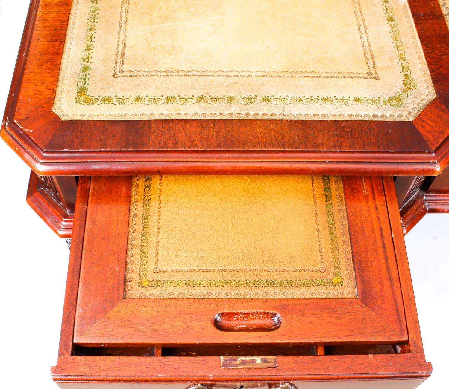 Antique Mahogany Chippendale Revival Partners Pedestal Desk, 1920s 11