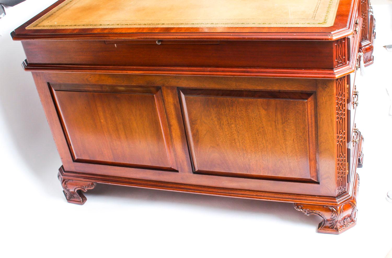 Antique Mahogany Chippendale Revival Partners Pedestal Desk, 1920s 14