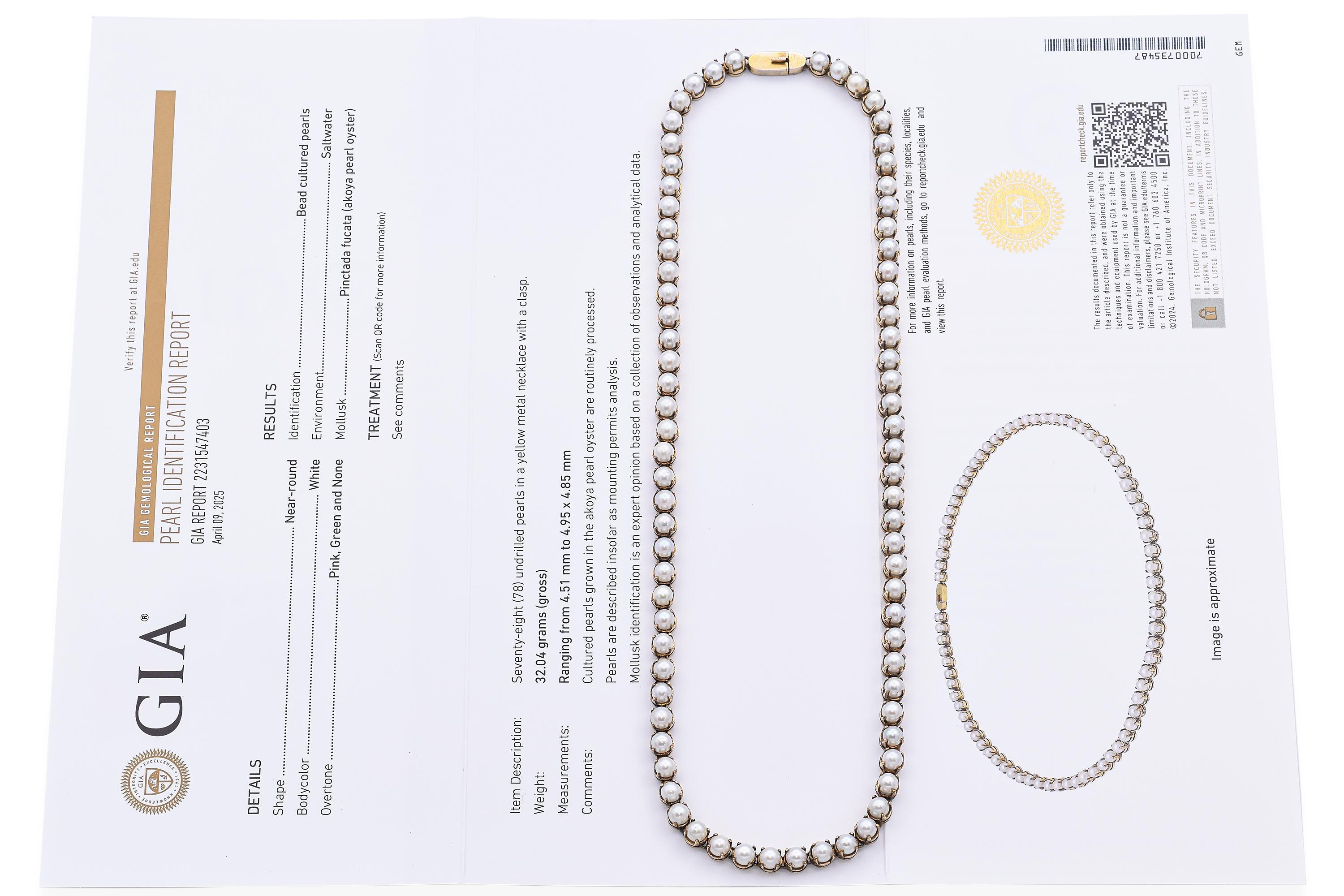 Graceful and timeless, this antique necklace features a strand of luminous GIA-certified Akoya pearls, each carefully selected for their rich luster, smooth surface, and elegant symmetry. The pearls are strung on silk and finished with a solid 6k