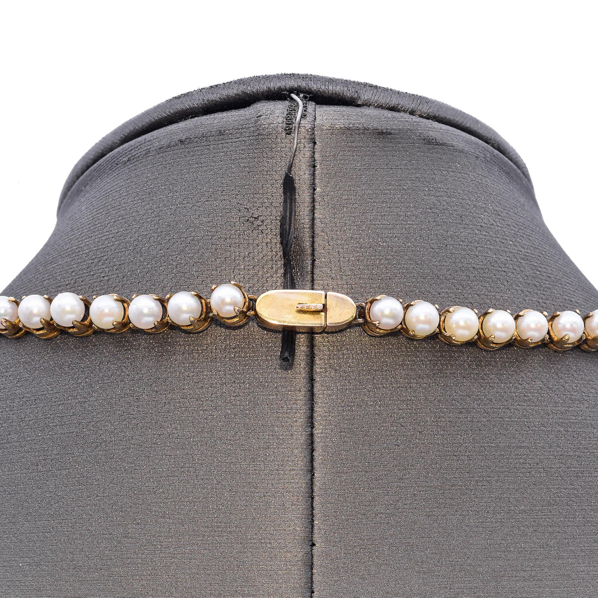 Antique 6k Yellow Gold GIA Certified Akoya Pearl Necklace In Good Condition For Sale In New York, NY