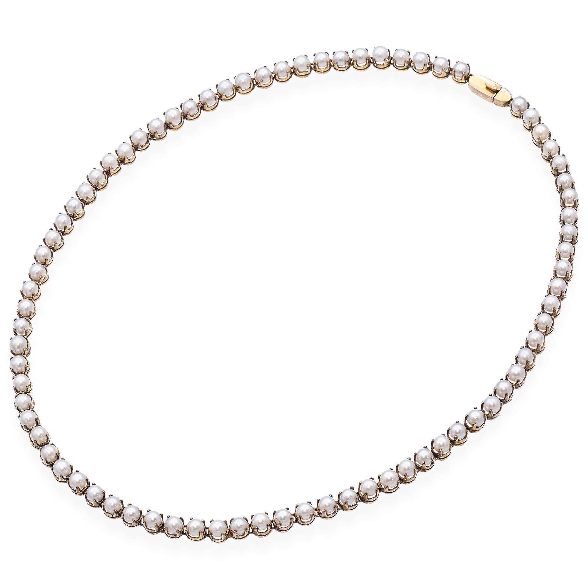 Women's or Men's Antique 6k Yellow Gold GIA Certified Akoya Pearl Necklace For Sale