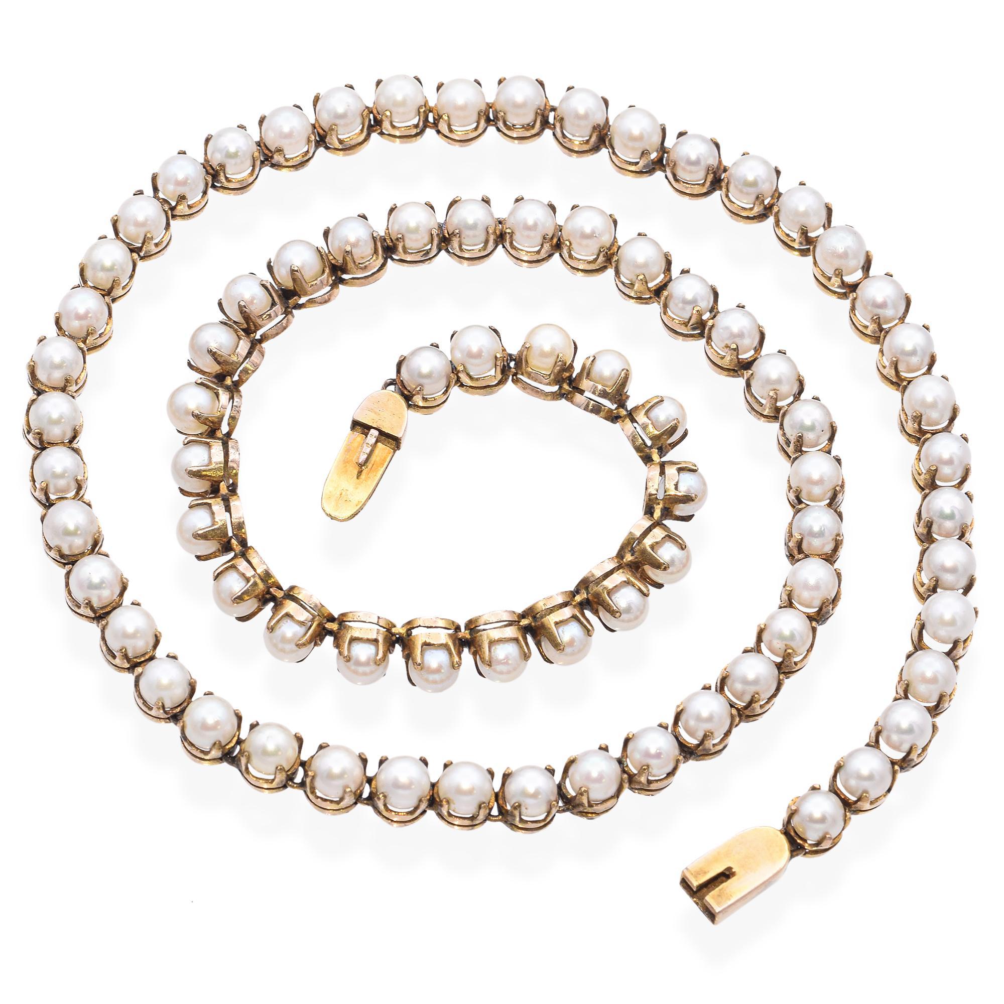 Antique 6k Yellow Gold GIA Certified Akoya Pearl Necklace For Sale 1