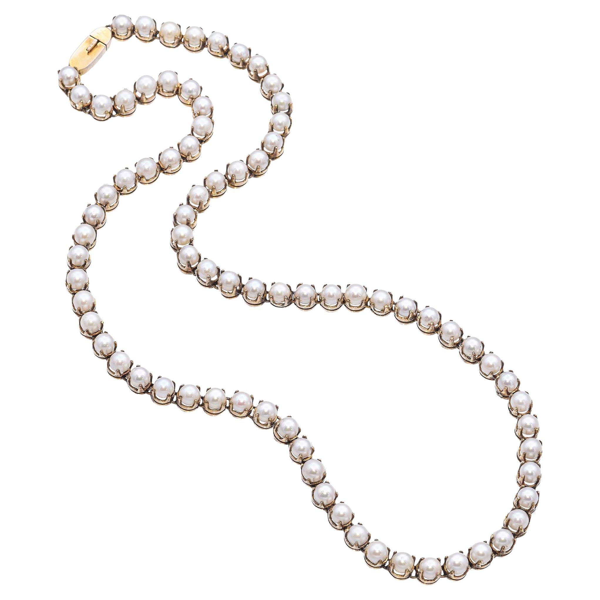 Antique 6k Yellow Gold GIA Certified Akoya Pearl Necklace For Sale