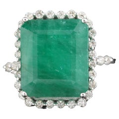 Antique Certified 7 Carat Natural Emerald and Diamond White Gold Engagement Ring