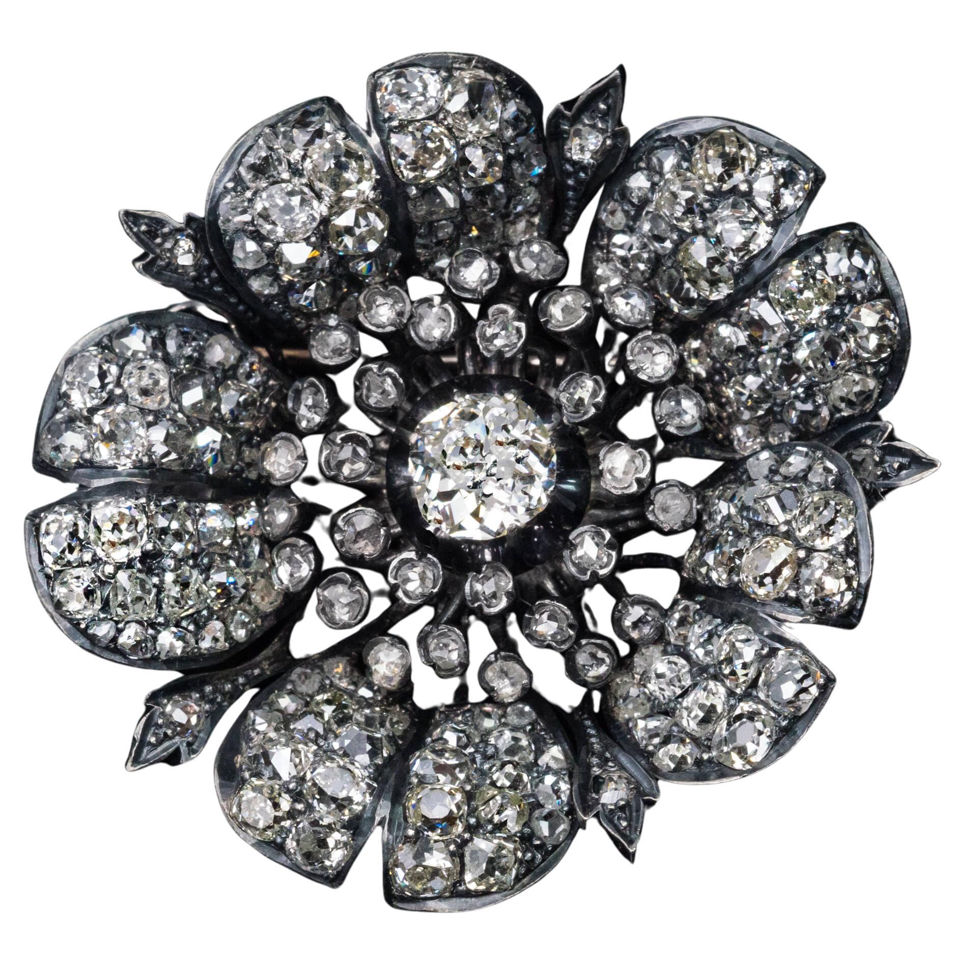 Antique  7 Ct Old Mine Cut Diamond Flower Brooch 1880s