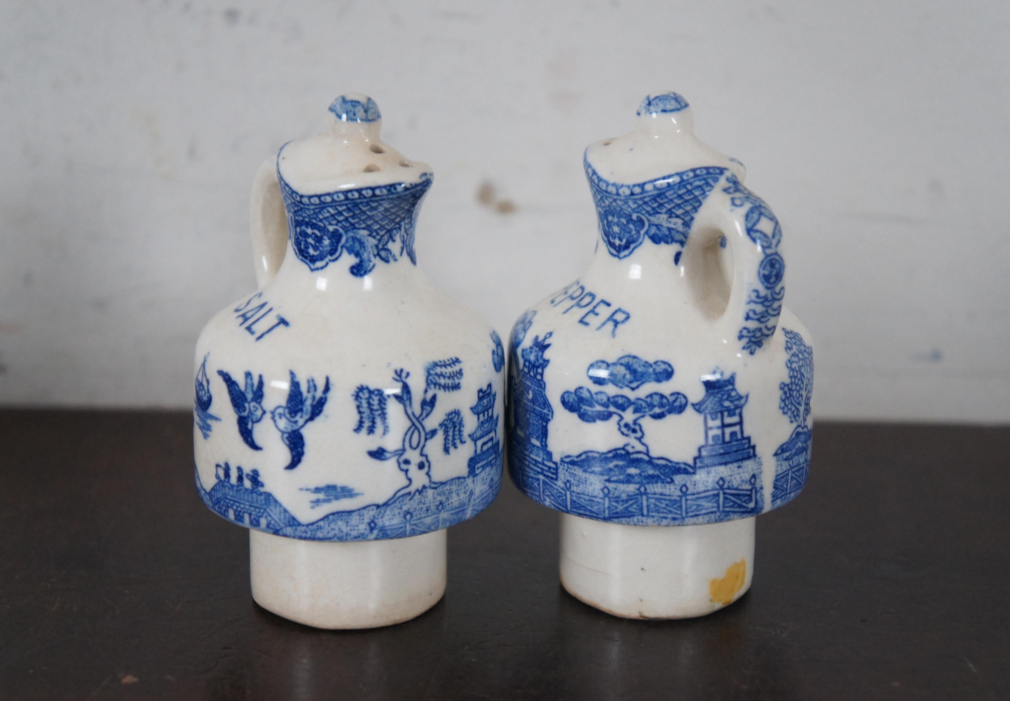 Antique 7 Pc Blue Willow Porcelain Cruet Condiment Set & Caddy Tea Coffee 2