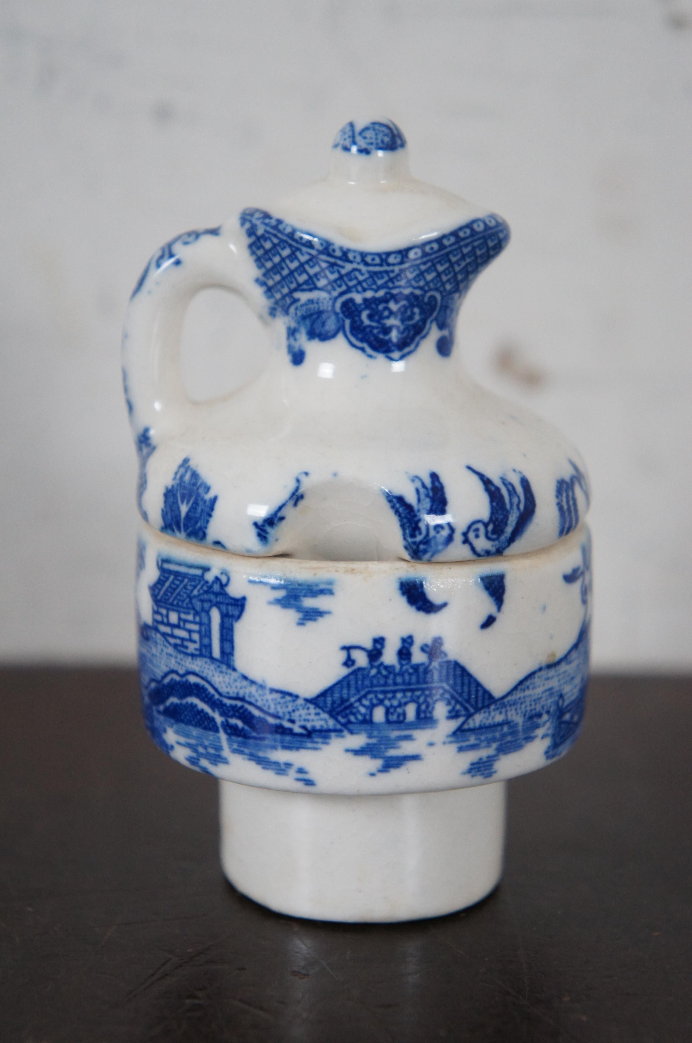 Antique 7 Pc Blue Willow Porcelain Cruet Condiment Set & Caddy Tea Coffee 3