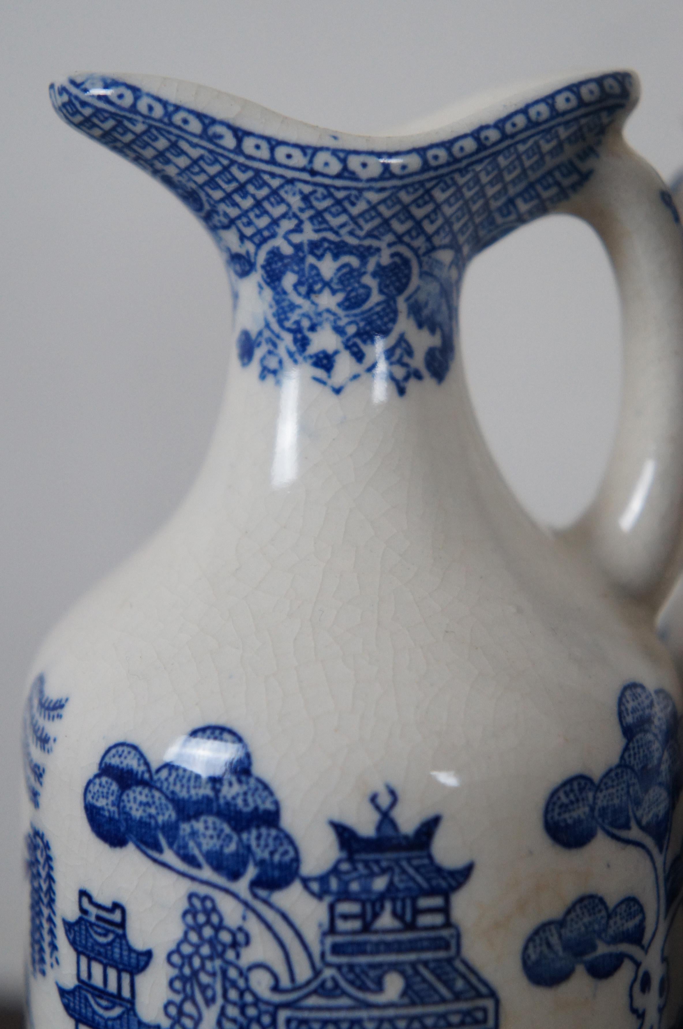 Antique 7 Pc Blue Willow Porcelain Cruet Condiment Set & Caddy Tea Coffee 4