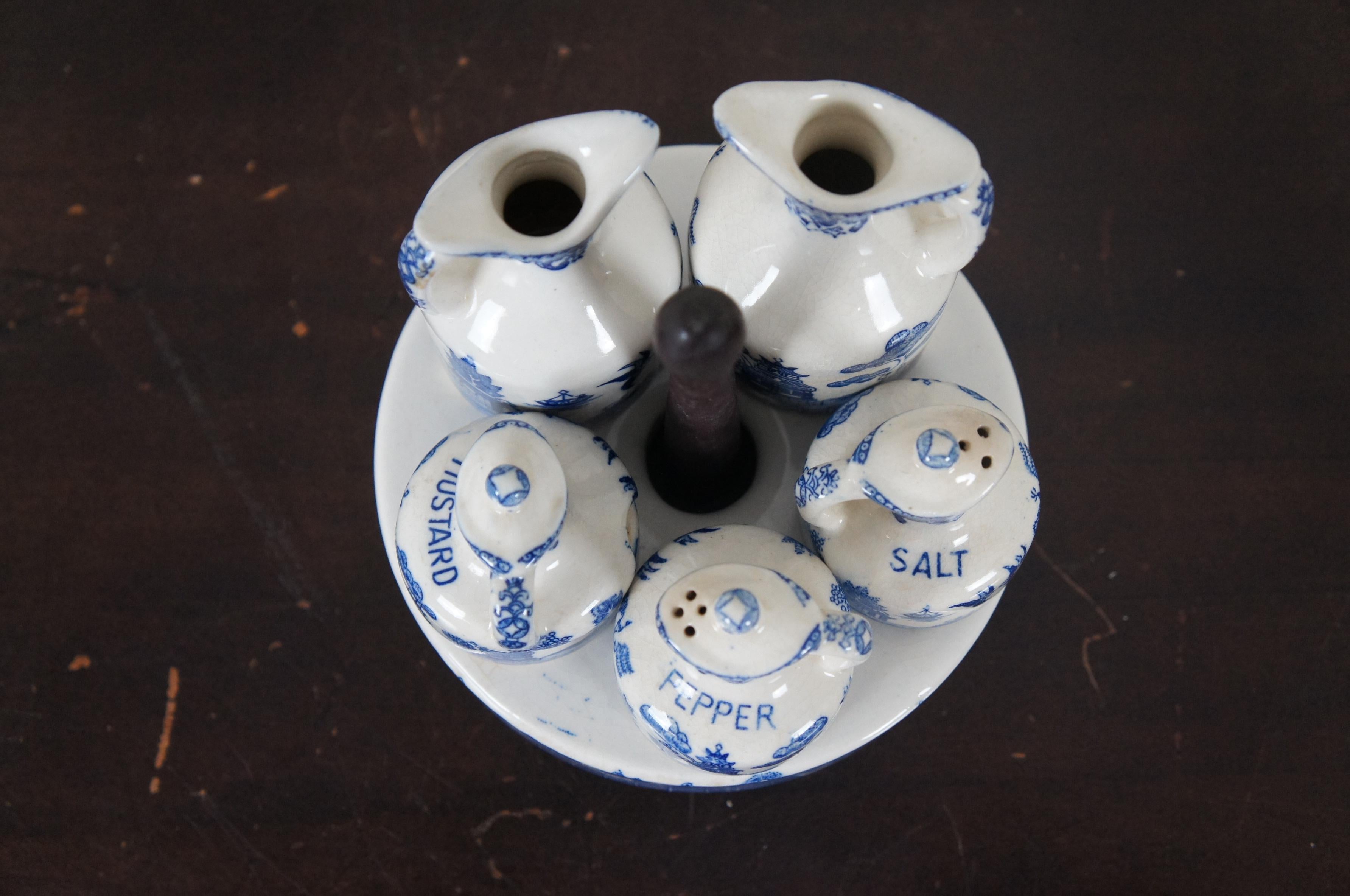 Chinese Export Antique 7 Pc Blue Willow Porcelain Cruet Condiment Set & Caddy Tea Coffee