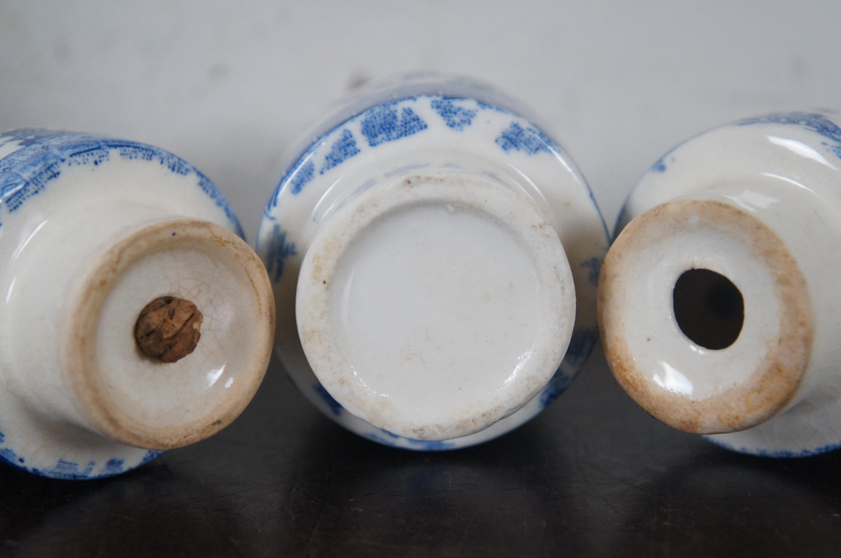 20th Century Antique 7 Pc Blue Willow Porcelain Cruet Condiment Set & Caddy Tea Coffee