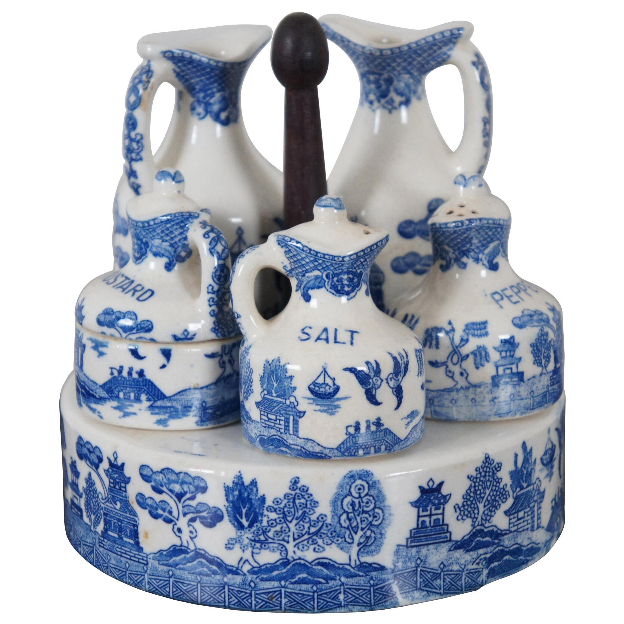 Antique 7 Pc Blue Willow Porcelain Cruet Condiment Set & Caddy Tea Coffee