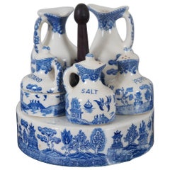 Antike 7 Pc Blue Willow Porzellan Cruet Condiment Set & Caddy Tee Kaffee