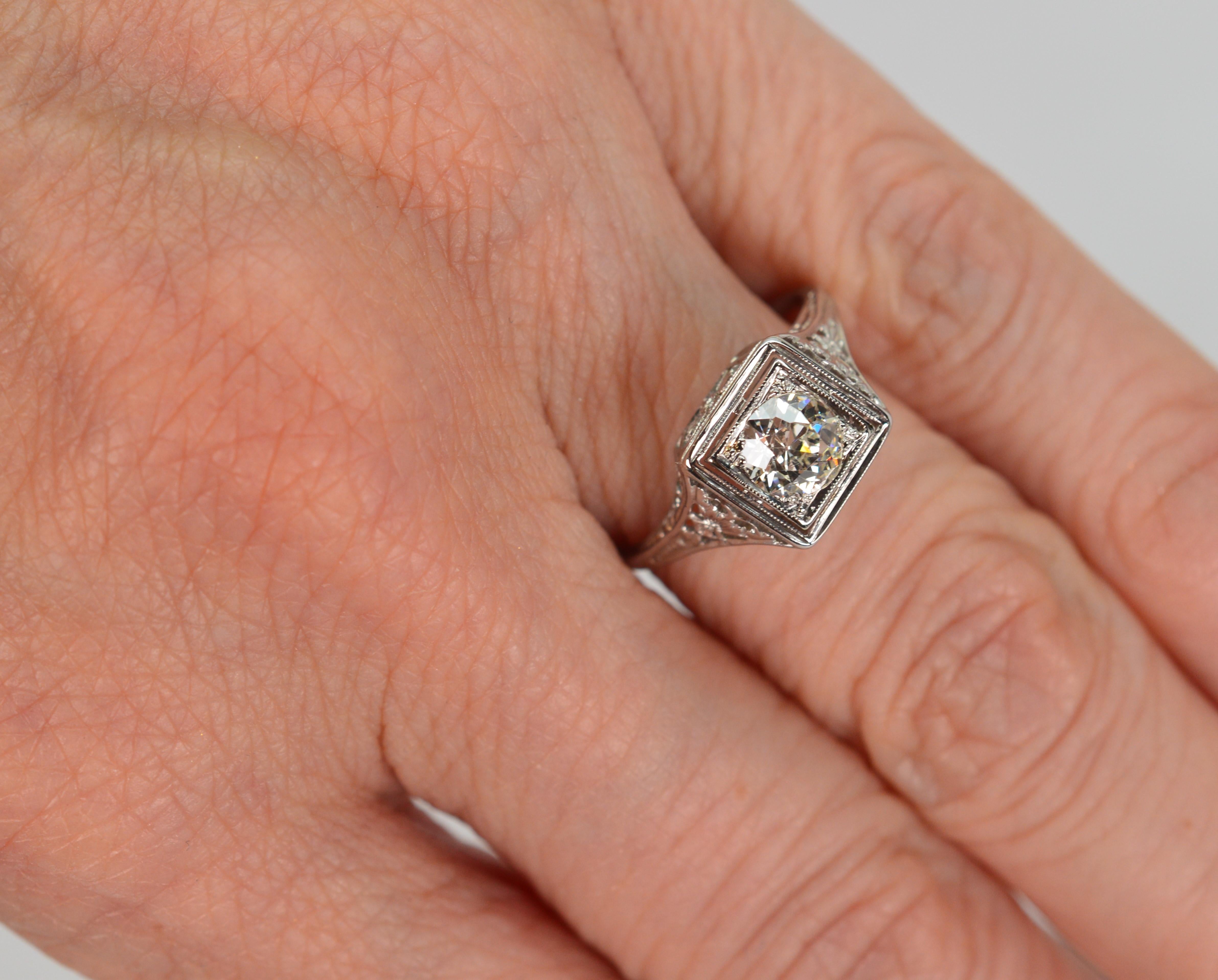 Antique .70 Carat Solitaire Miners Cut Diamond 18 Karat White Gold Ring For Sale 2